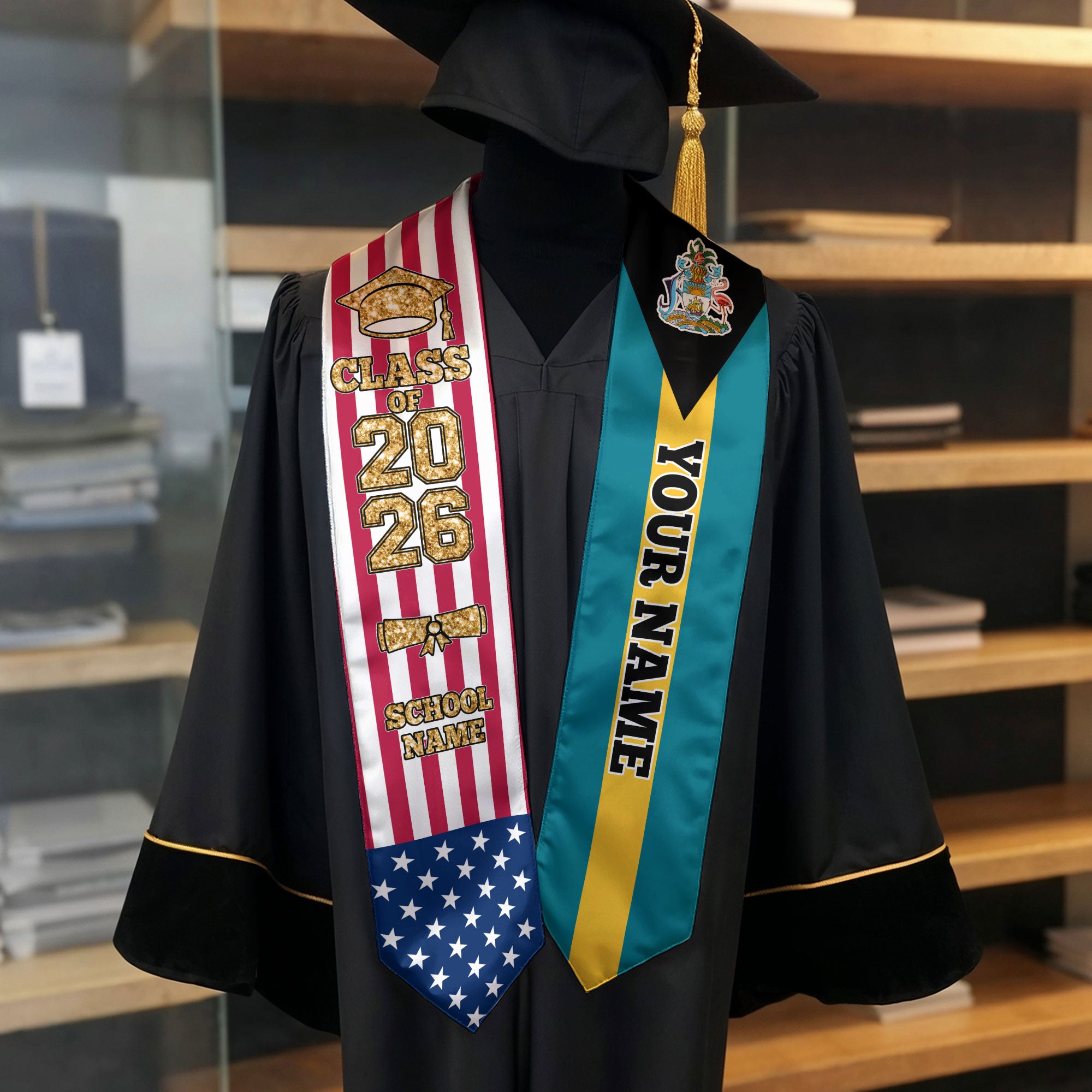 Customized Bahamas Graduation Stole with Island Flag Accent, Graduation Sash 2026, Class of 2026
