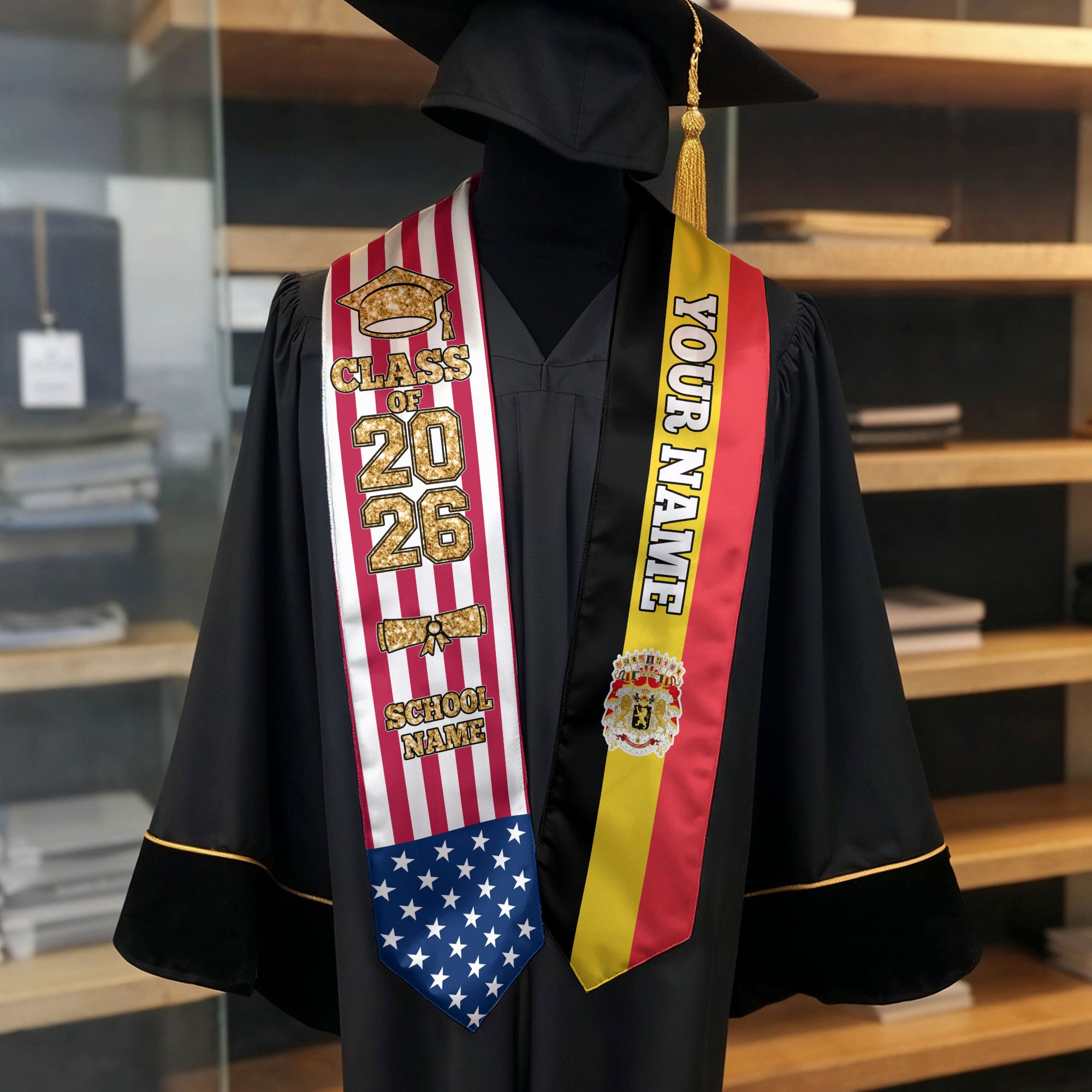 Customized Belgium Graduation Stole with National Flag Detail, Graduation Sash 2026, Class of 2026