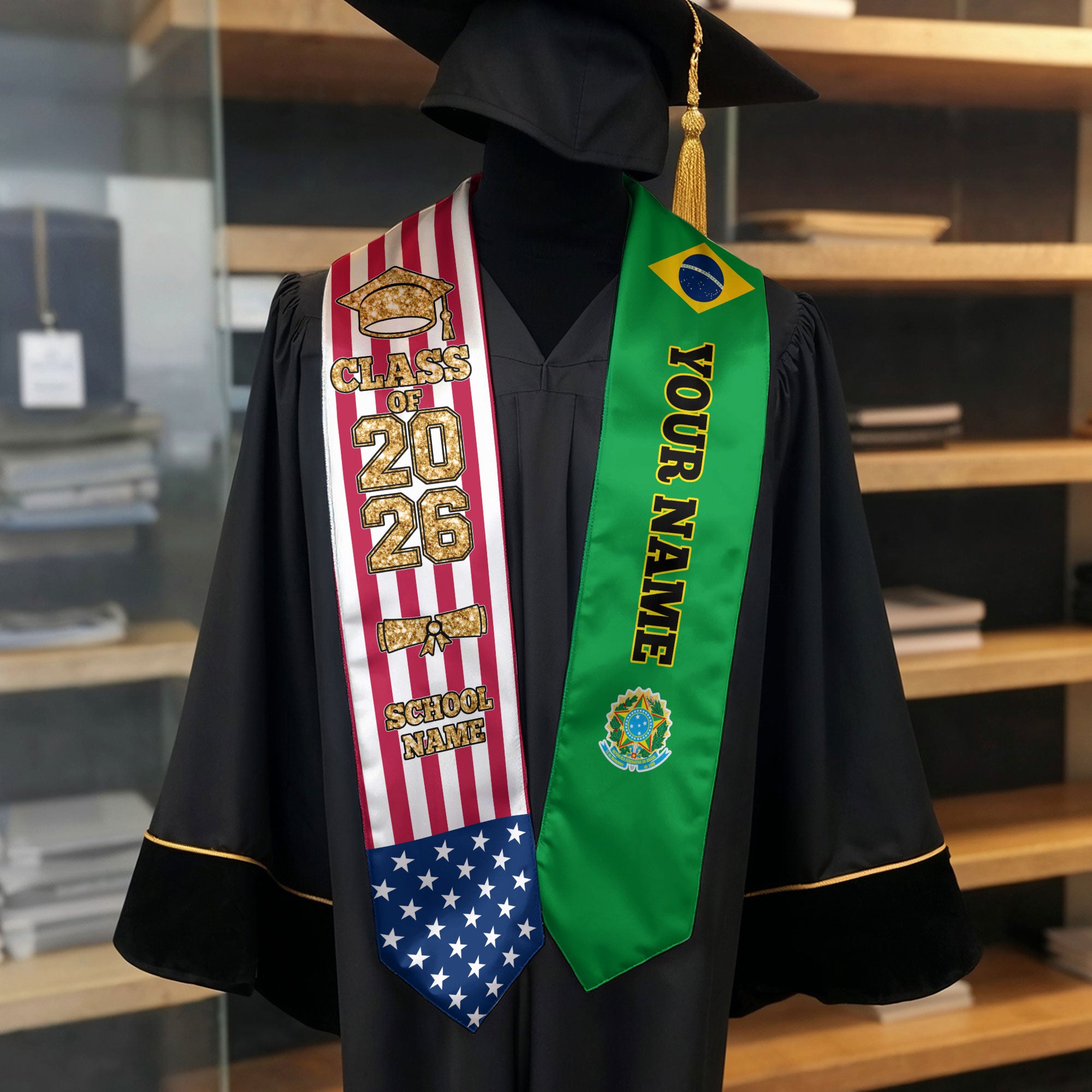 Customized Brazil Graduation Stole Featuring Brazilian Flag Colors, Graduation Sash 2026, Class of 2026