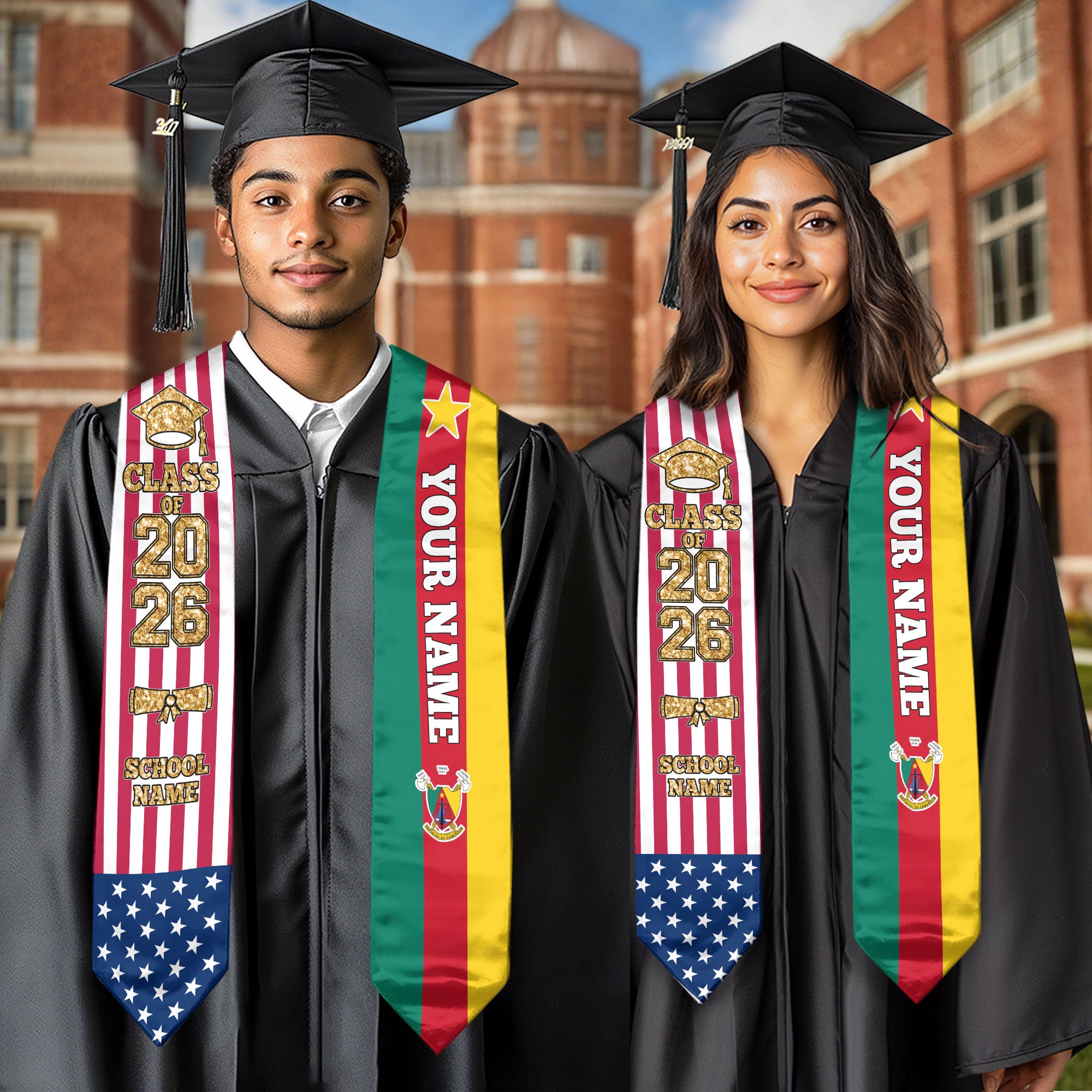 Customized Cameroon Graduation Stole with National Flag Feature, Graduation Sash 2026, Class of 2026