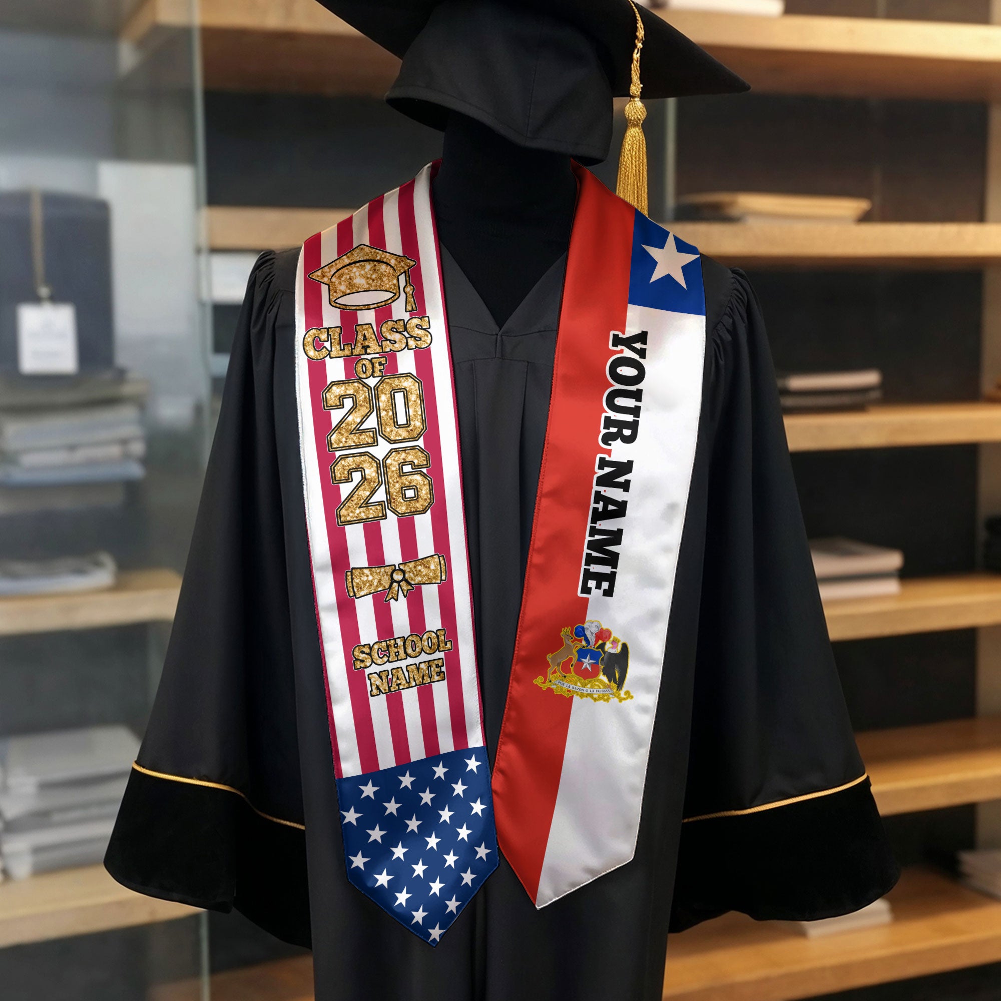Customized Chile Graduation Stole Featuring Chilean Flag Design, Graduation Sash 2026, Class of 2026