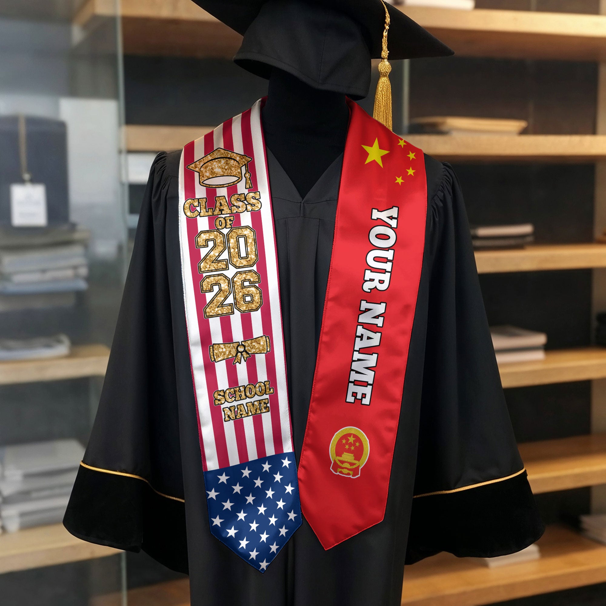 Customized China Graduation Stole with National Flag Detail, Graduation Sash 2026, Class of 2026