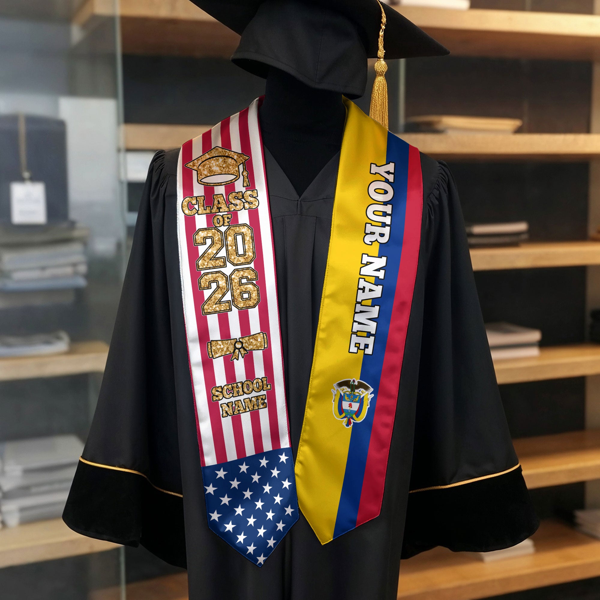 Customized Colombia Graduation Stole Featuring Colombian Flag Accent, Graduation Sash 2026, Class of 2026