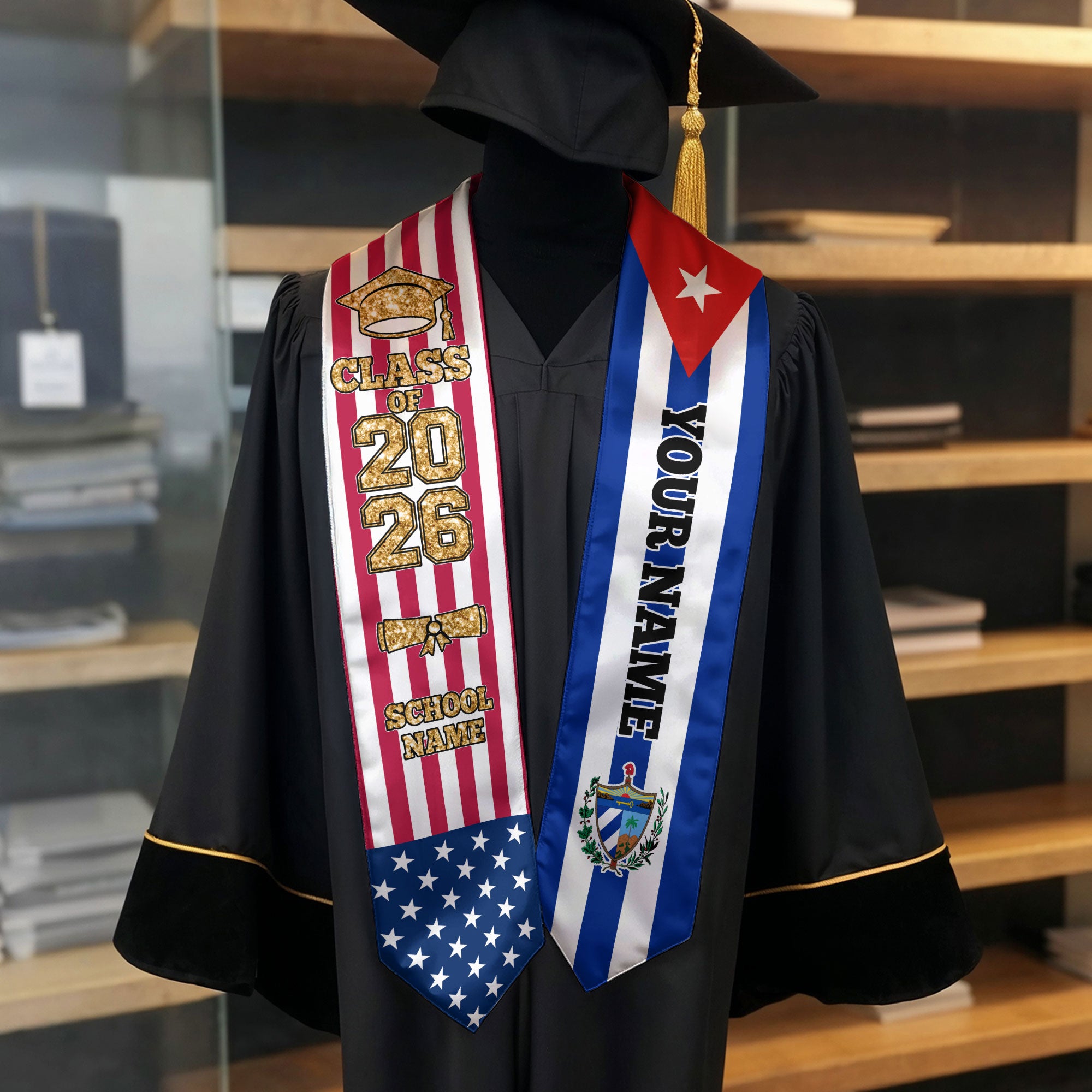 Customized Cuba Graduation Stole with Cuban Flag Highlight, Graduation Sash 2026, Class of 2026