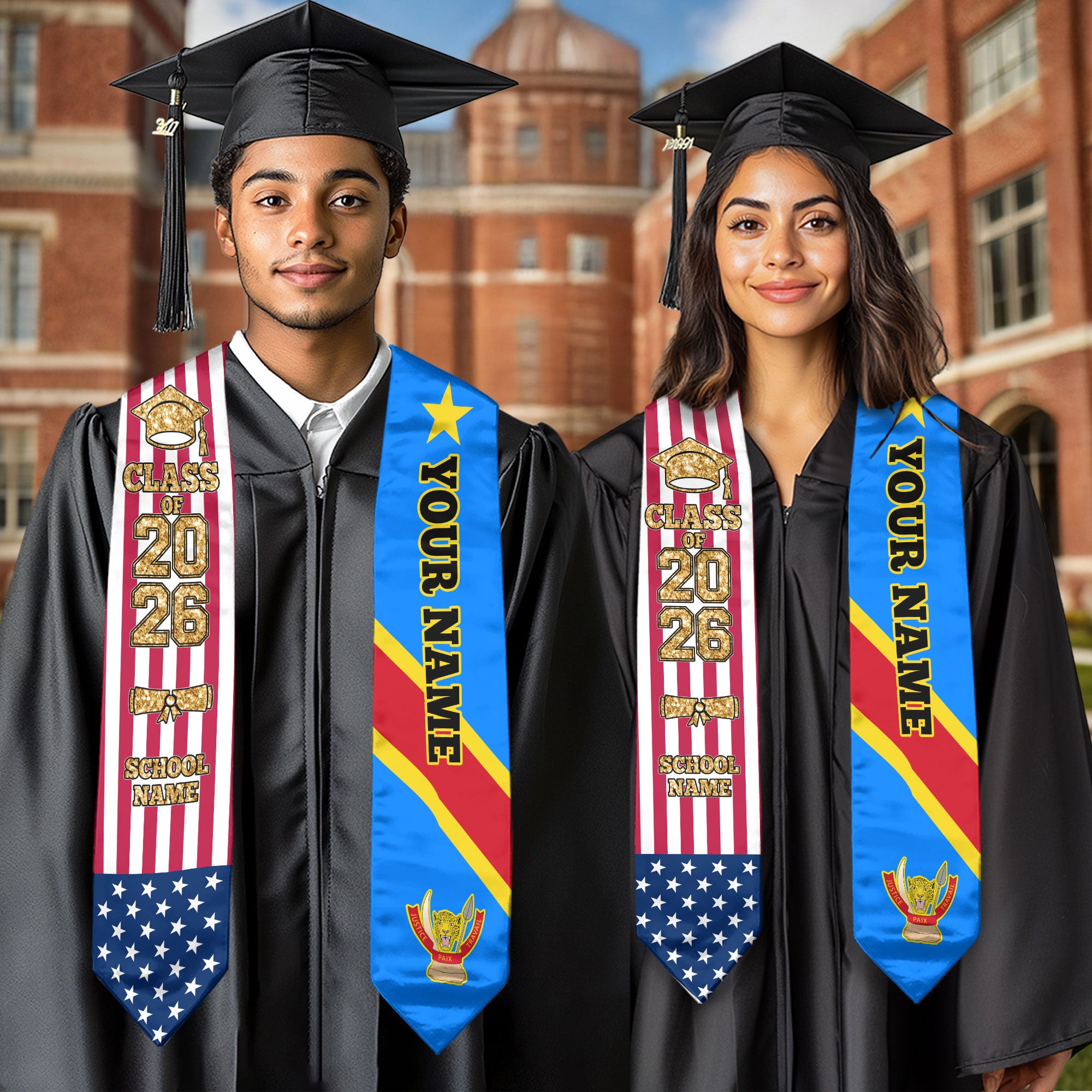 Customized DR Congo Graduation Stole Featuring National Flag Colors, Graduation Sash 2026, Class of 2026