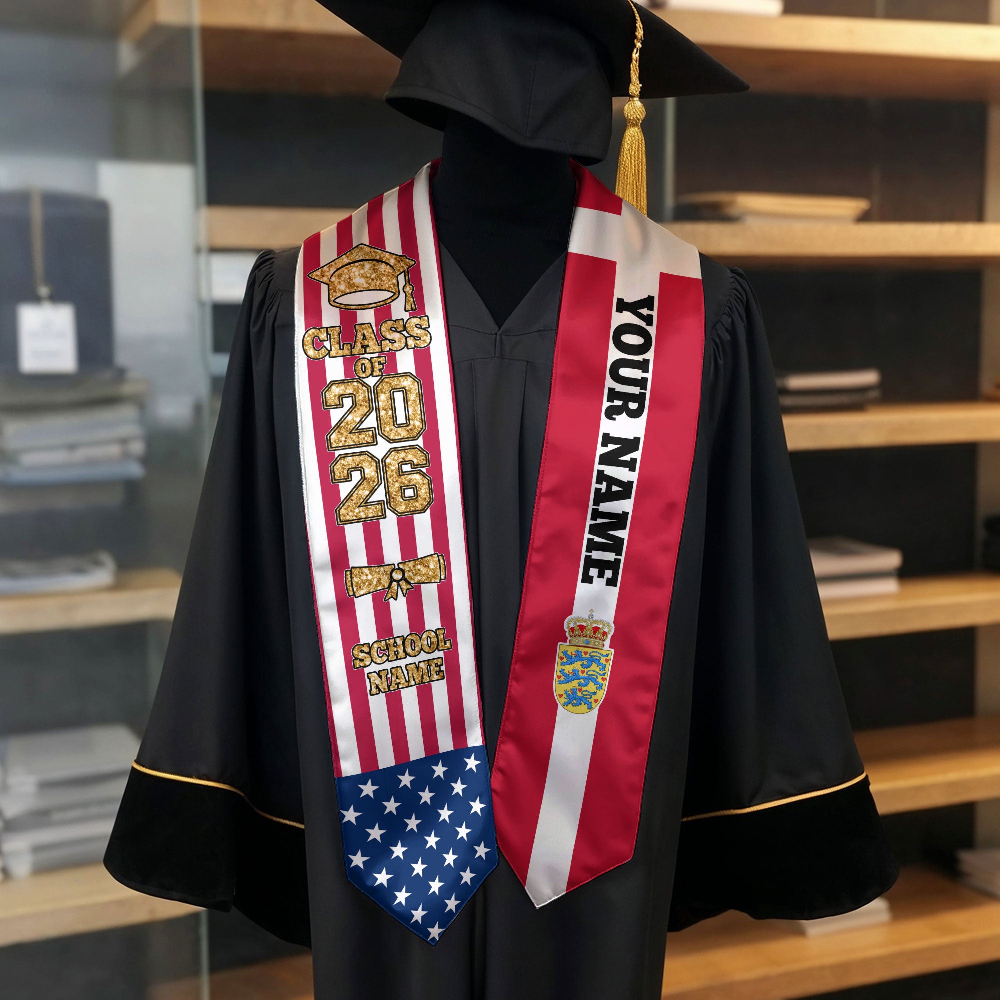 Customized Denmark Graduation Stole Featuring Danish Flag Design, Graduation Sash 2026, Class of 2026