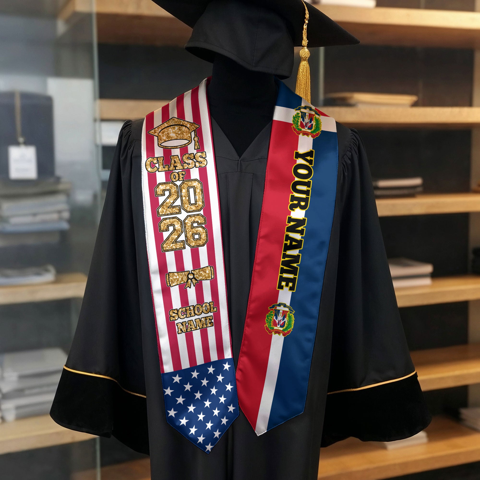 Customized Dominican Republic Graduation Stole with National Flag Accent, Graduation Sash 2026