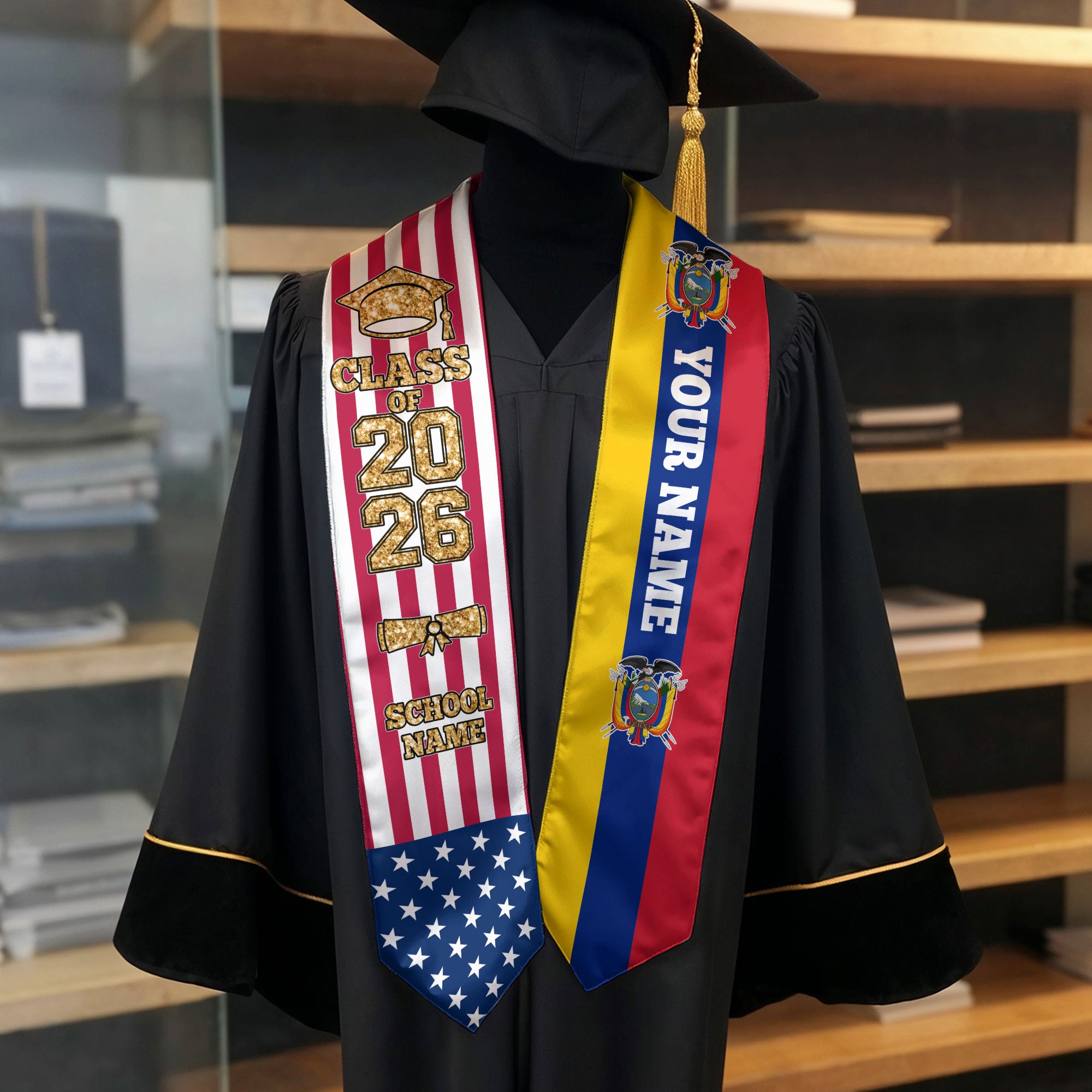 Customized Ecuador Graduation Stole with Ecuadorian Flag Detail, Graduation Sash 2026, Class of 2026