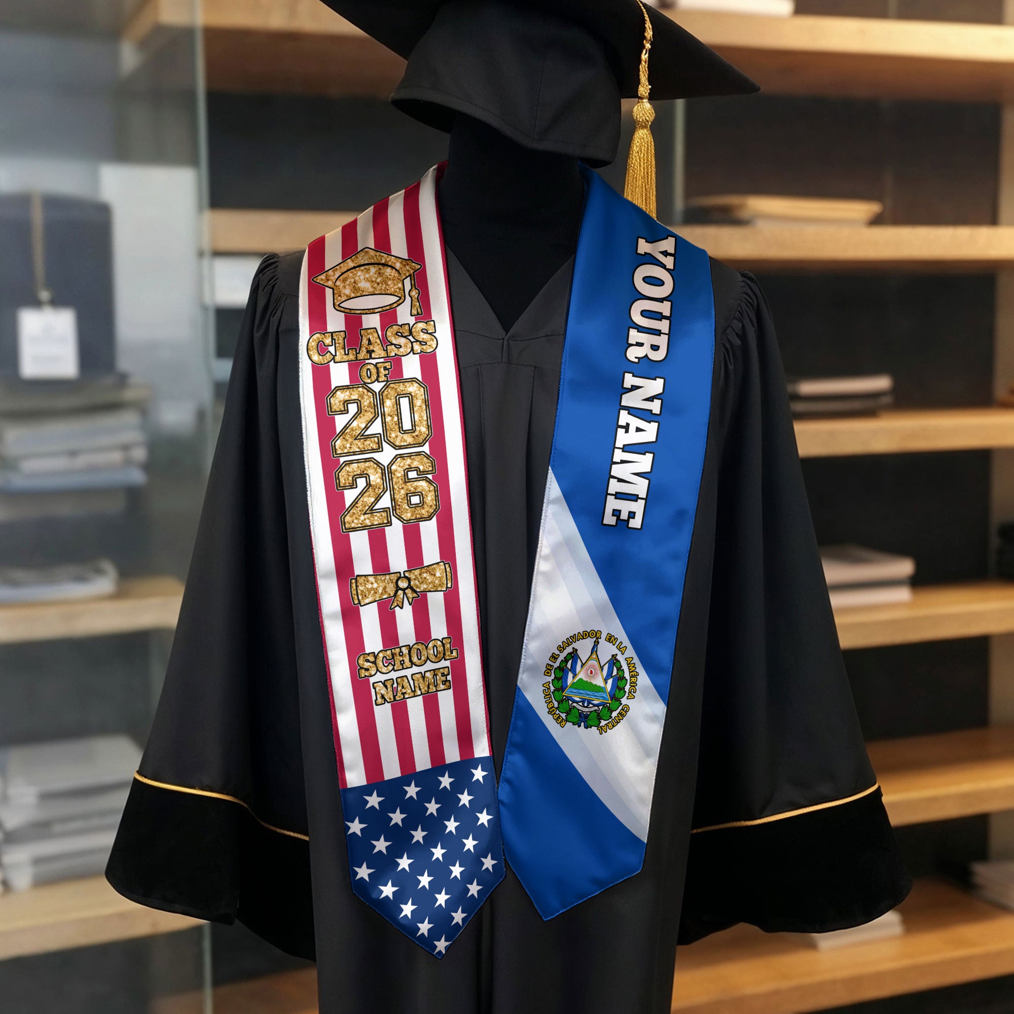 Customized El Salvador Graduation Stole Featuring Salvadoran Flag Accent, Graduation Sash 2026