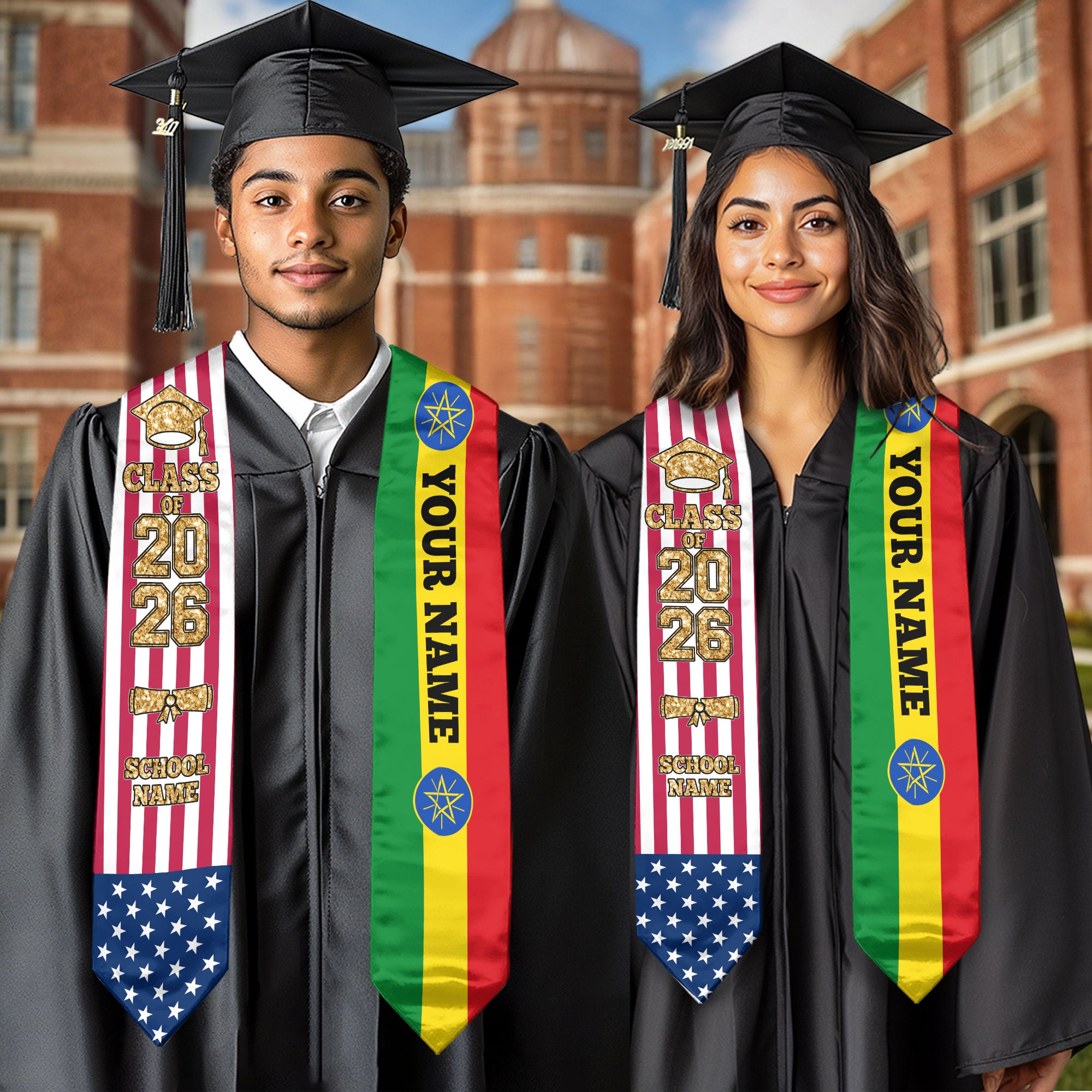 Customized Ethiopia Graduation Stole with Ethiopian Flag Feature, Graduation Sash 2026, Class of 2026