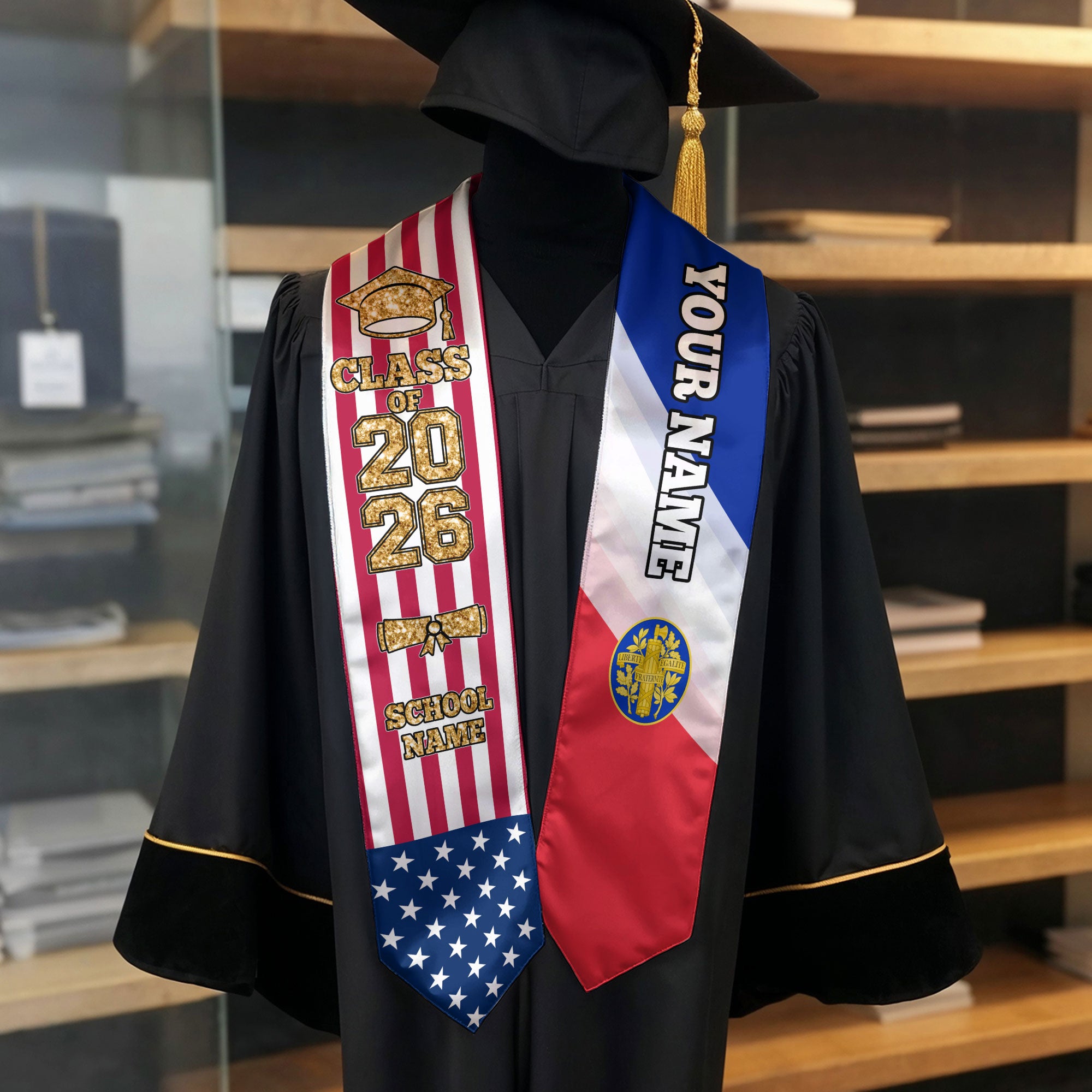 Customized France Graduation Stole Featuring French Flag Colors, Graduation Sash 2026, Class of 2026