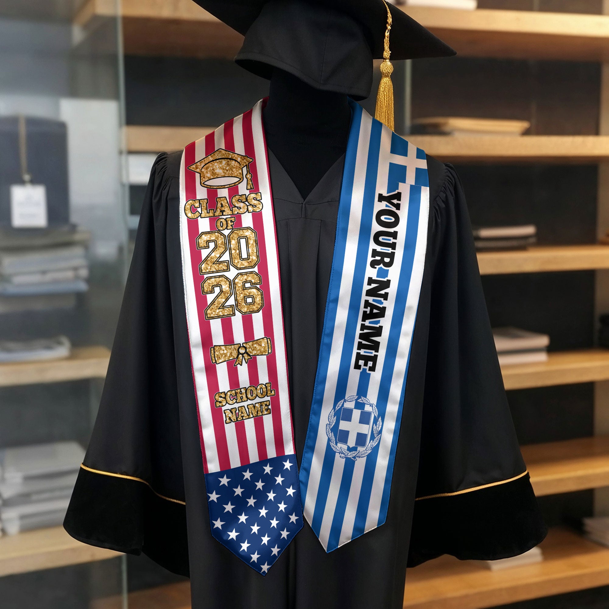 Customized Greece Graduation Stole Featuring Greek Flag Design, Graduation Sash 2026, Class of 2026