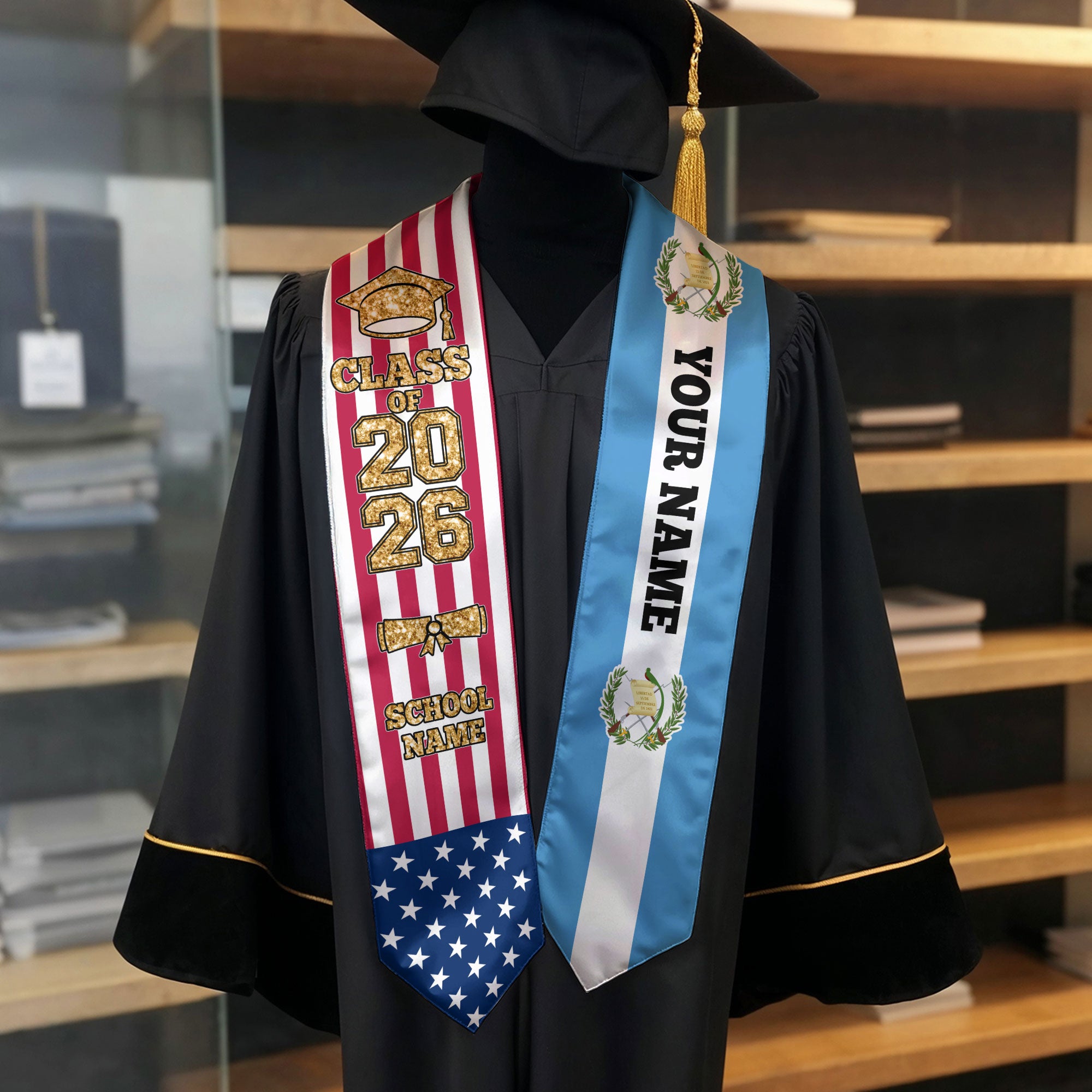 Customized Guatemala Graduation Stole with Guatemalan Flag Detail, Graduation Sash 2026