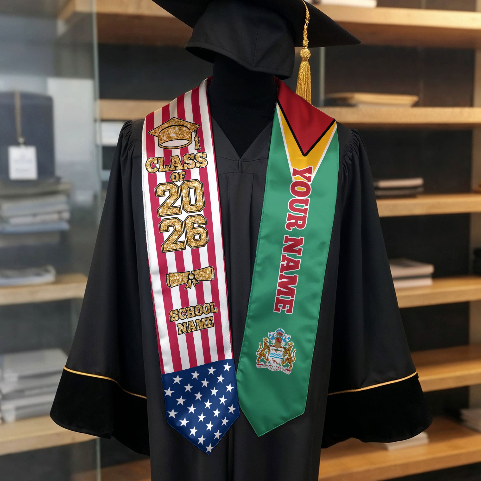 Customized Guyana Graduation Stole Featuring National Flag Accent, Graduation Sash 2026, Class of 2026