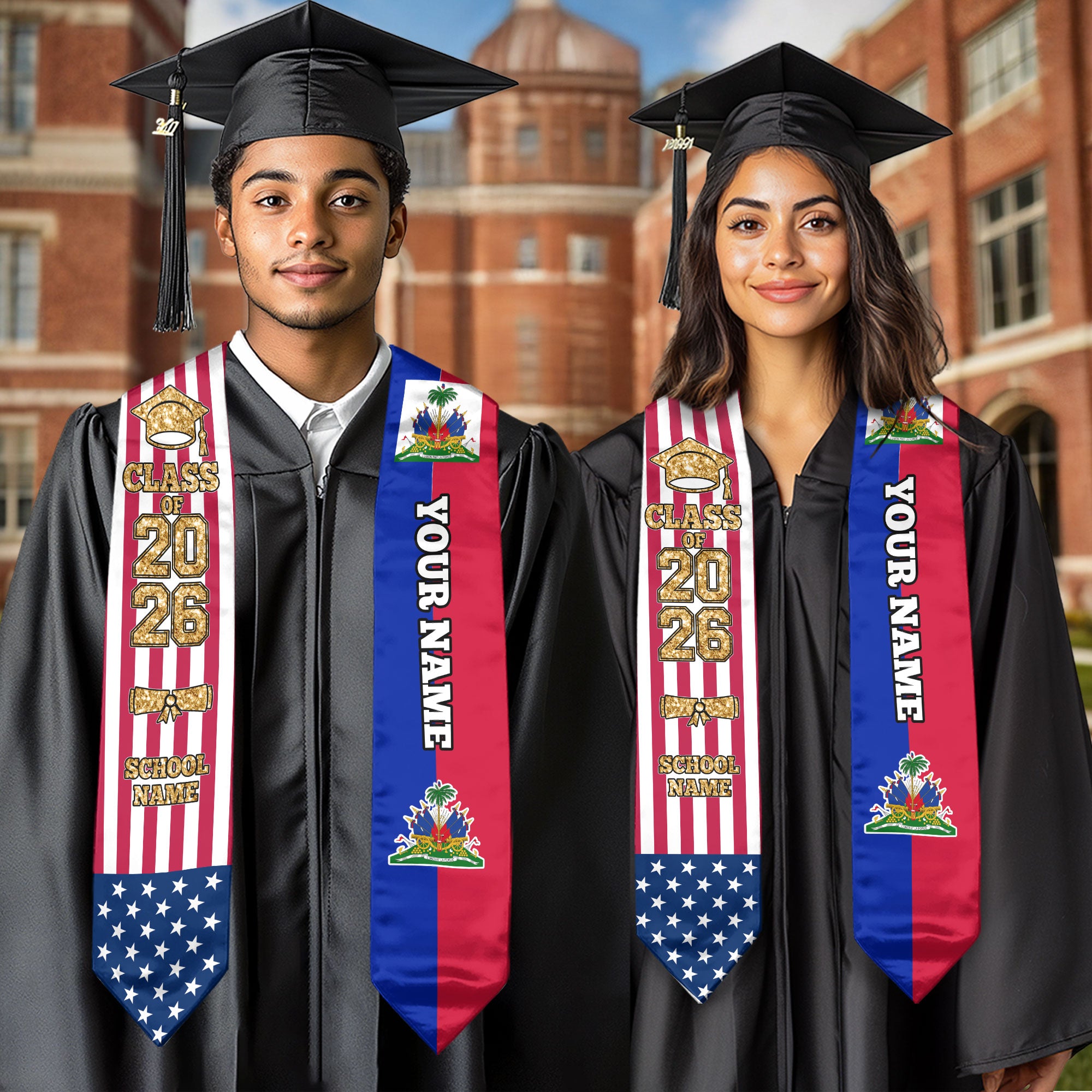 Customized Haiti Graduation Stole with Haitian Flag Feature, Graduation Sash 2026, Class of 2026
