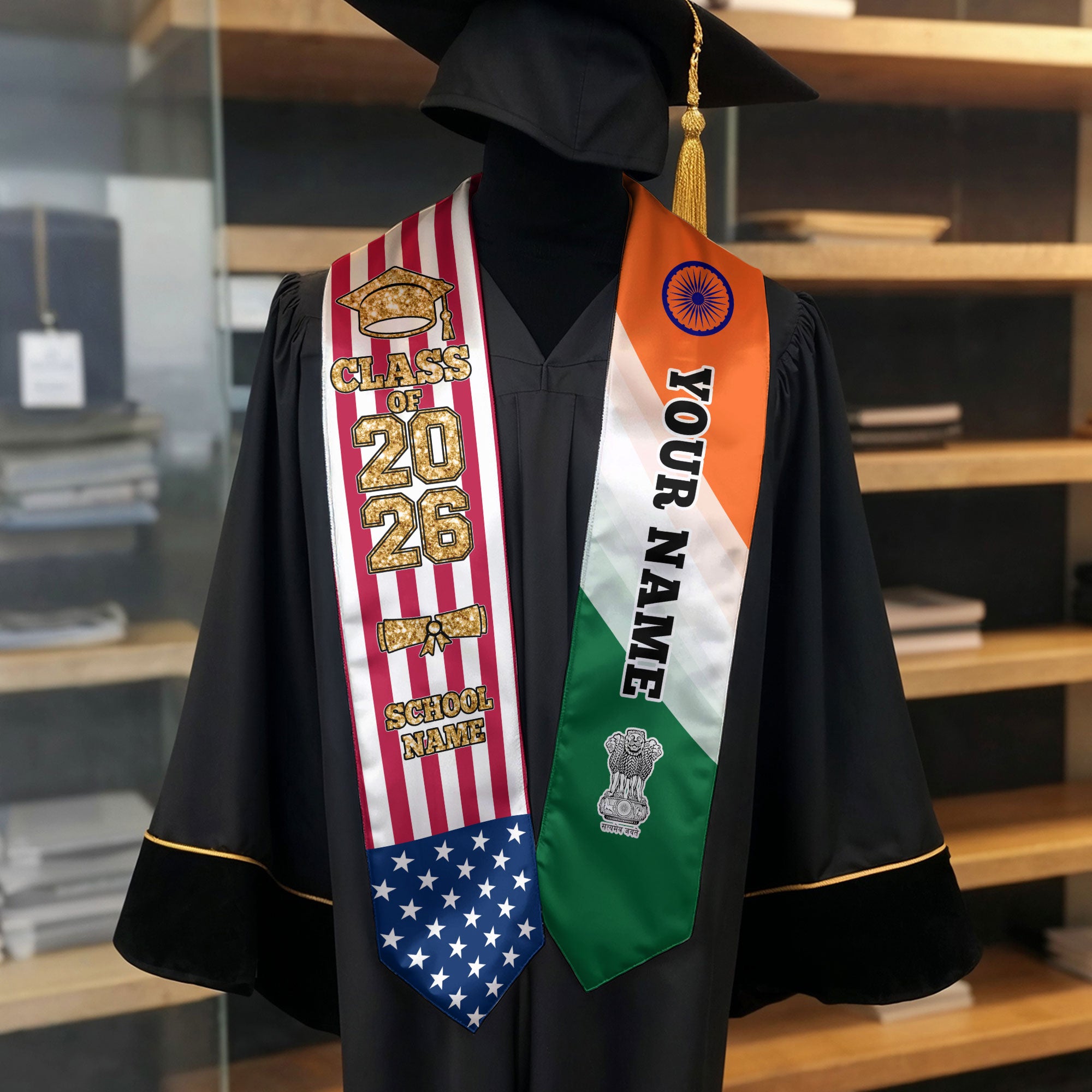 Customized India Graduation Stole Featuring Indian Flag Colors, Graduation Sash 2026, Class of 2026