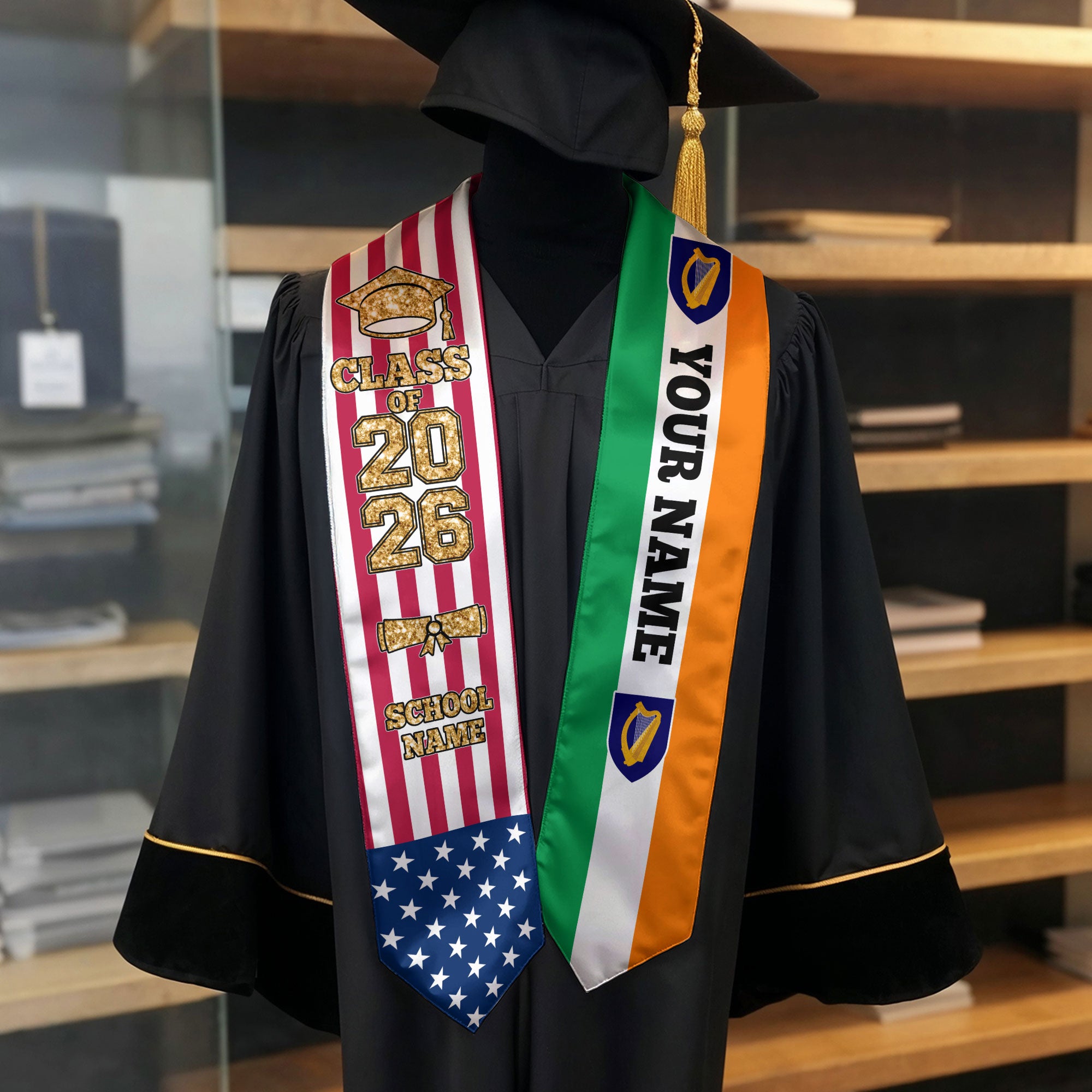 Customized Ireland Graduation Stole with Irish Flag Detail, Graduation Sash 2026, Class of 2026