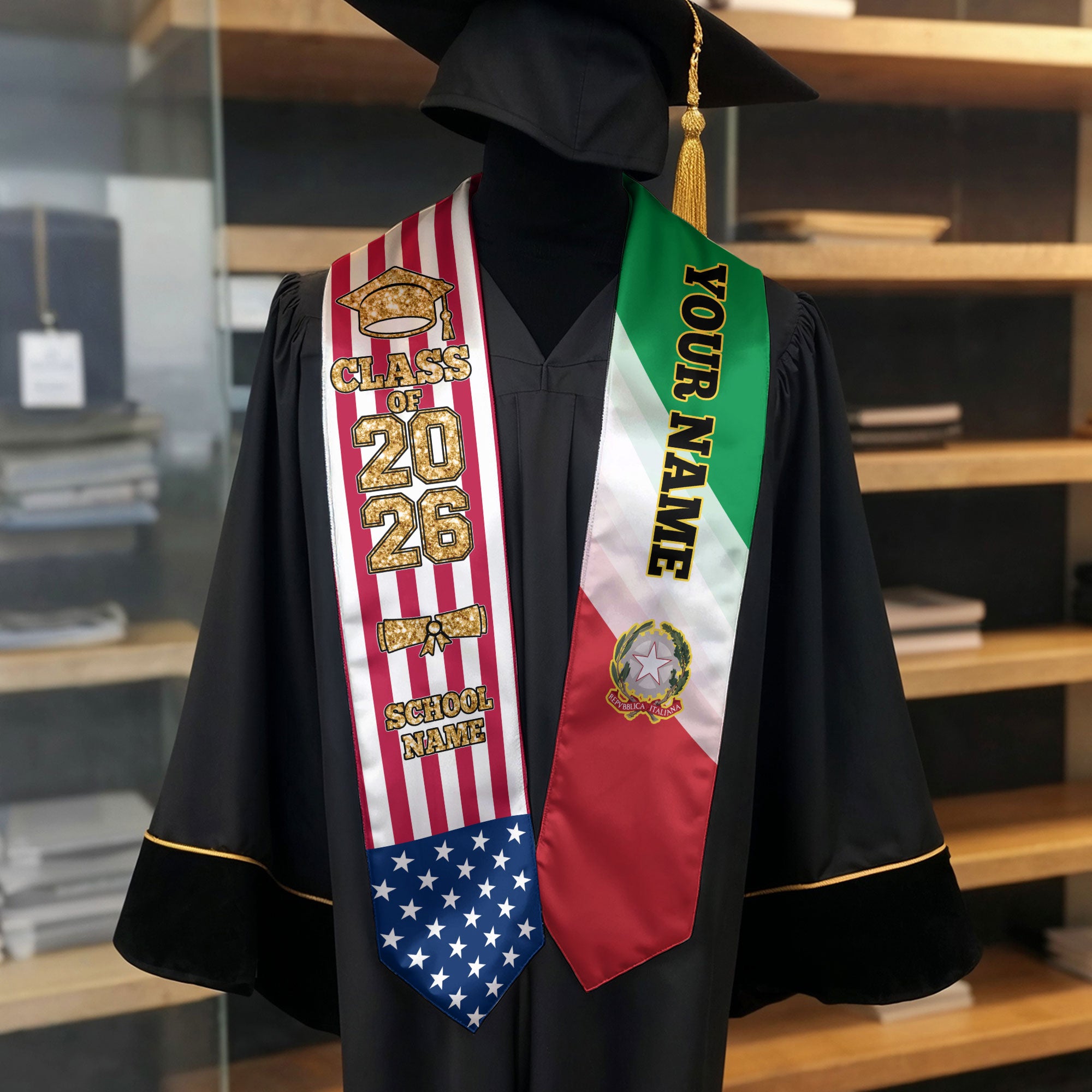 Customized Italy Graduation Stole Featuring Italian Flag Accent, Graduation Sash 2026, Class of 2026