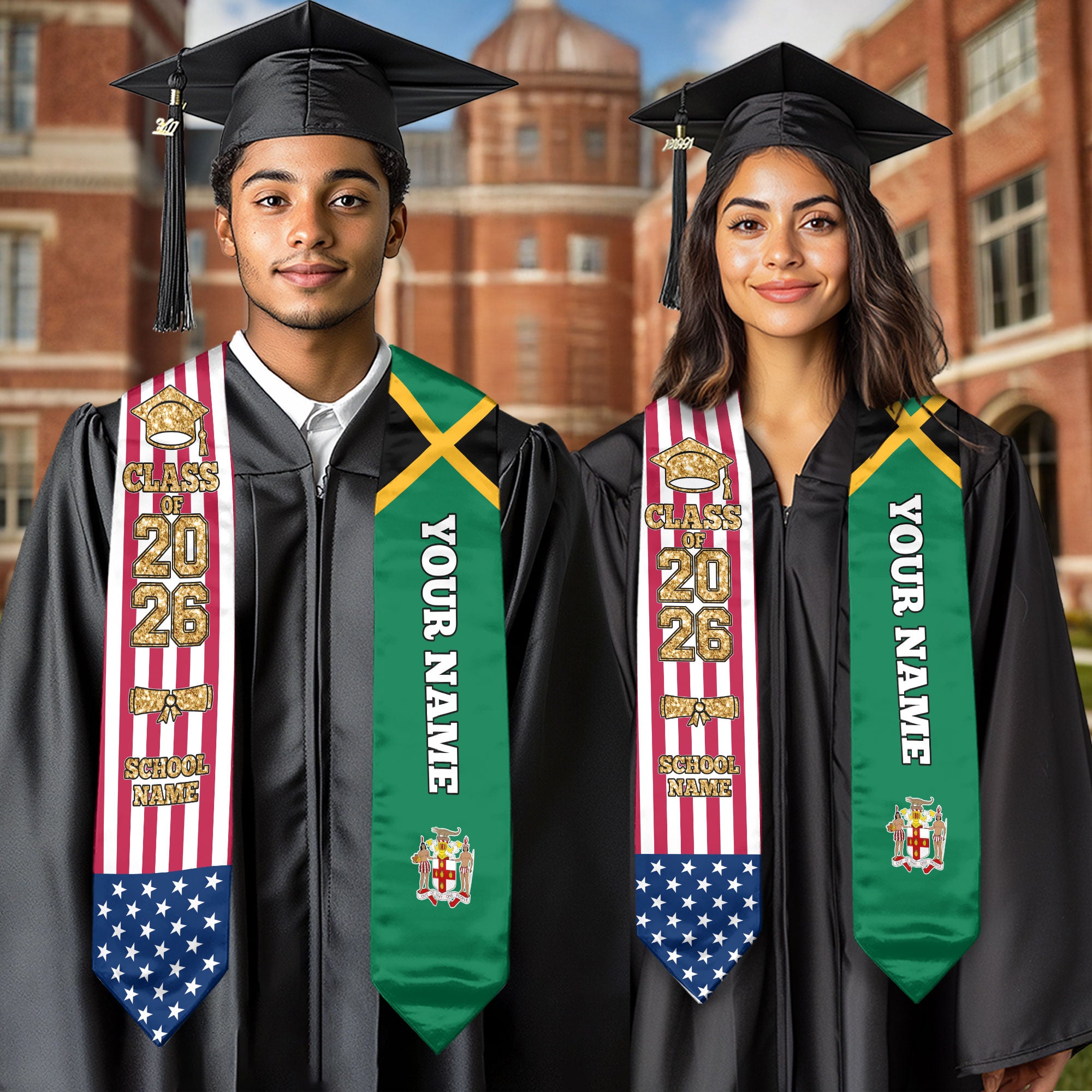 Customized Jamaica Graduation Stole with Jamaican Flag Highlight, Graduation Sash 2026
