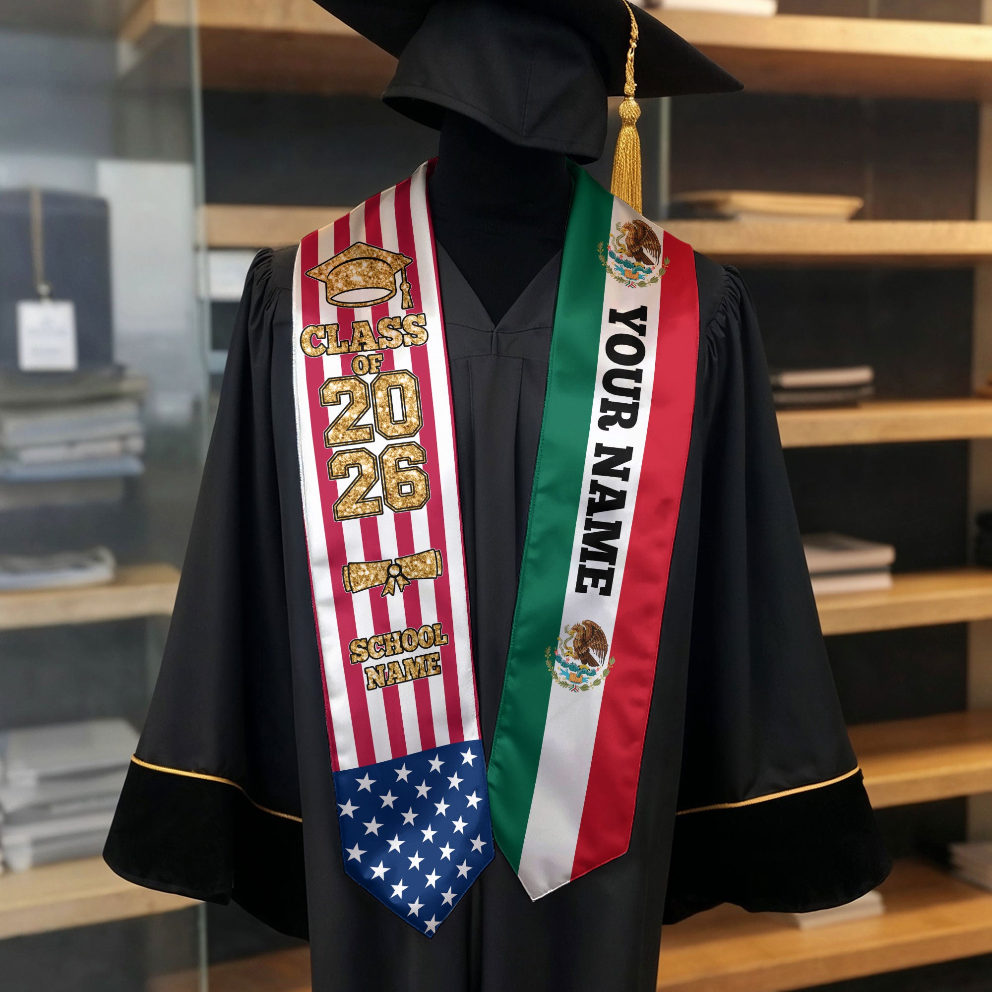 Customized Mexico Graduation Stole with Mexican Flag Accent, Graduation Sash 2026, Class of 2026