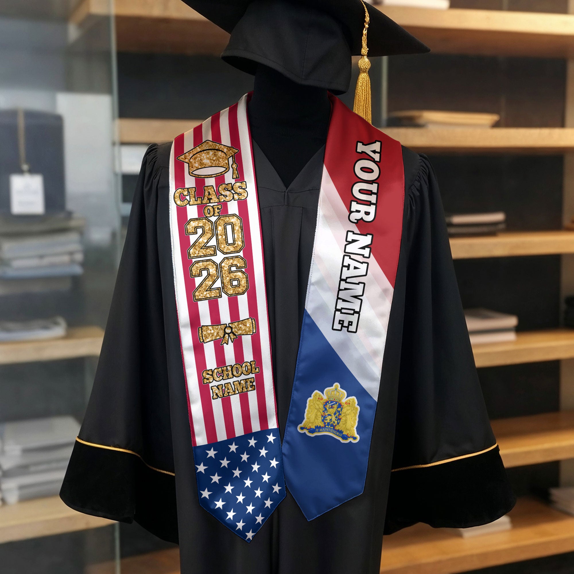 Customized Netherlands Graduation Stole with Dutch Flag Feature, Graduation Sash 2026, Class of 2026