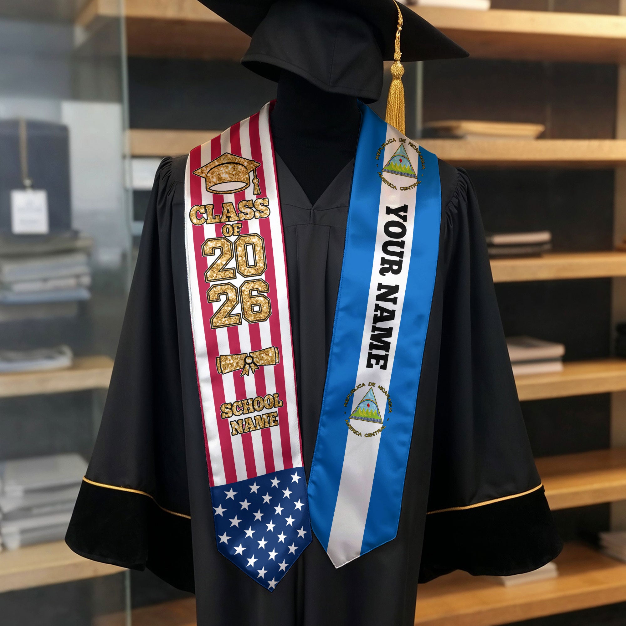 Customized Nicaragua Graduation Stole Featuring National Flag Accent, Graduation Sash 2026