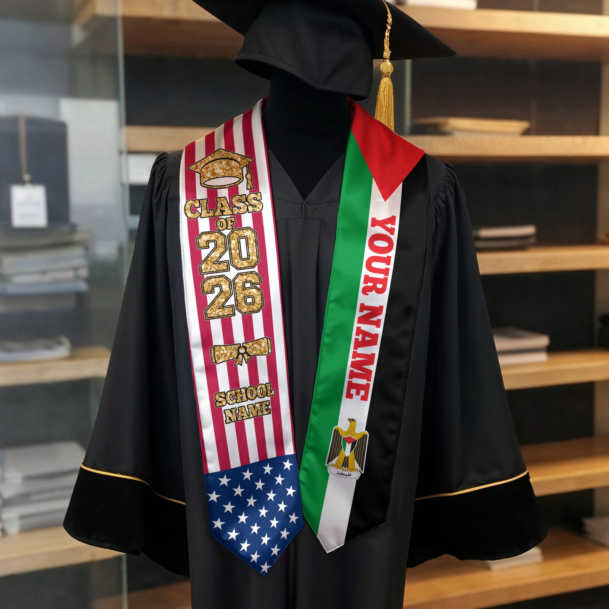 Customized Palestine Graduation Stole Featuring National Flag Colors, Graduation Sash 2026, Class of 2026