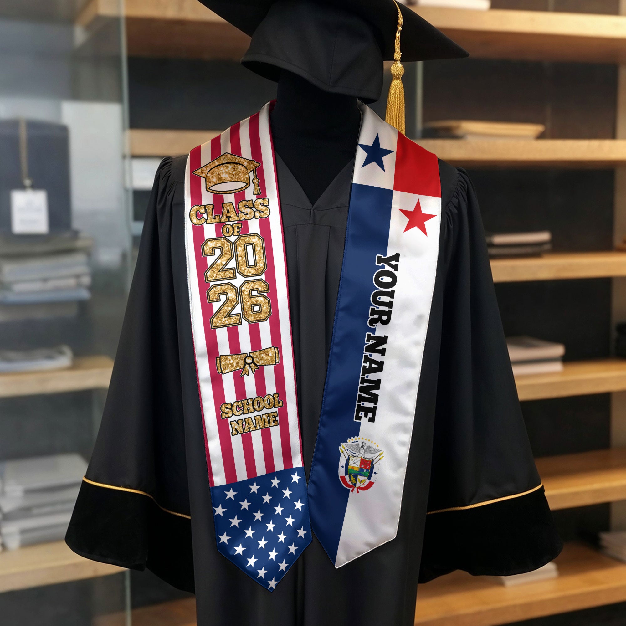 Customized Panama Graduation Stole with Panamanian Flag Detail, Graduation Sash 2026