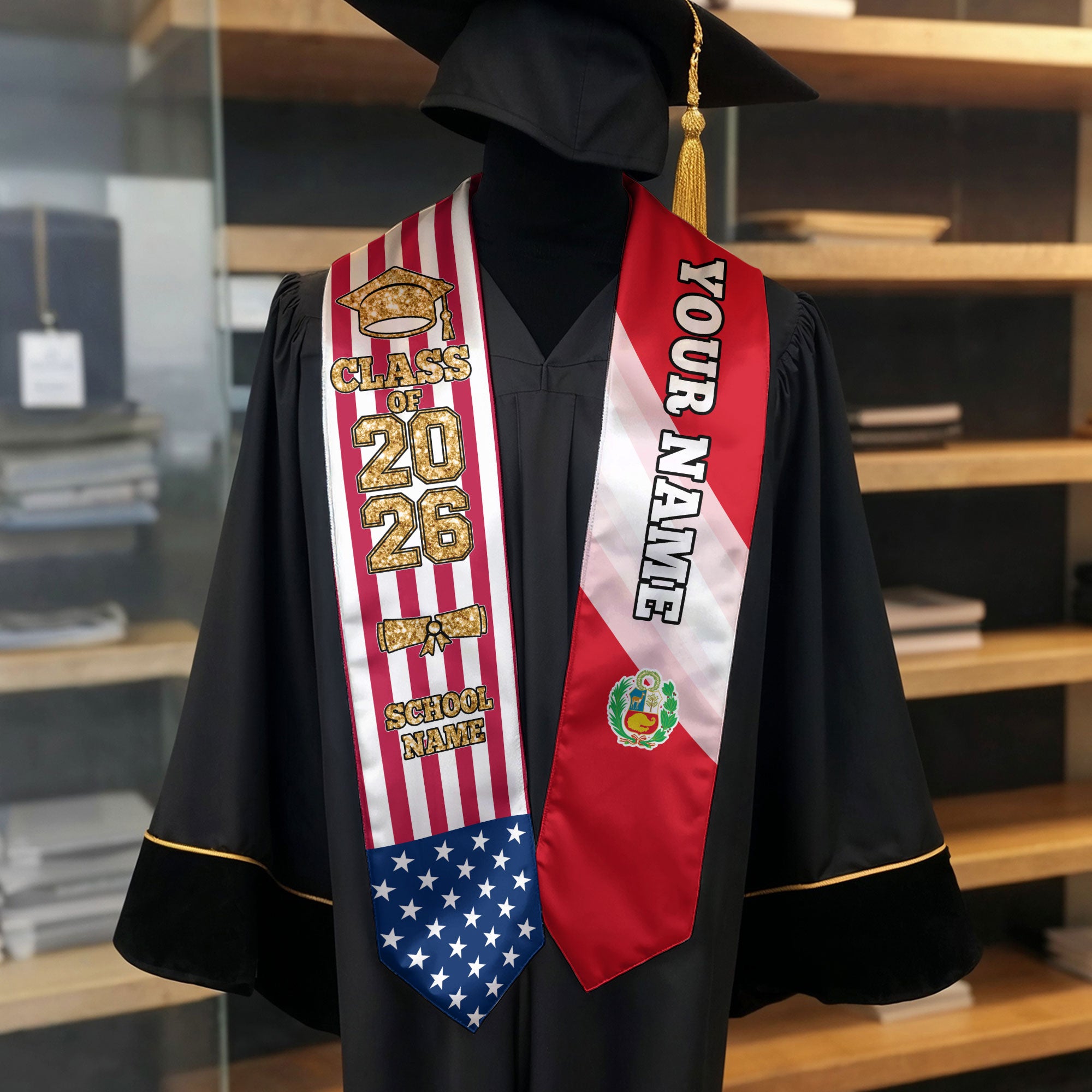 Customized Peru Graduation Stole Featuring Peruvian Flag Accent, Graduation Sash 2026, Class of 2026