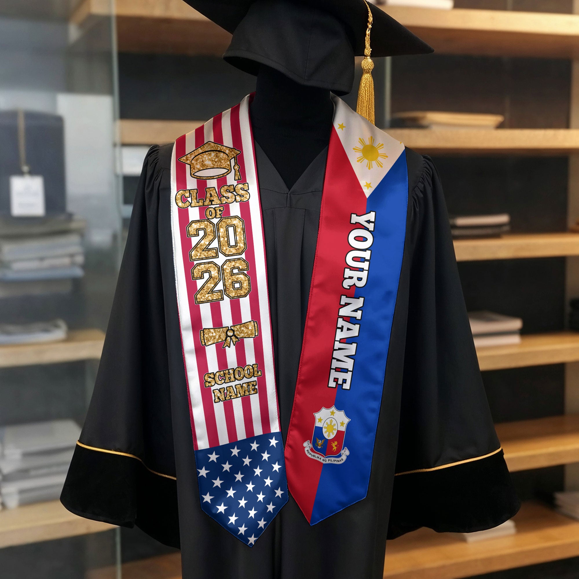 Customized Philippines Graduation Stole with Filipino Flag Feature, Graduation Sash 2026, Class of 2026