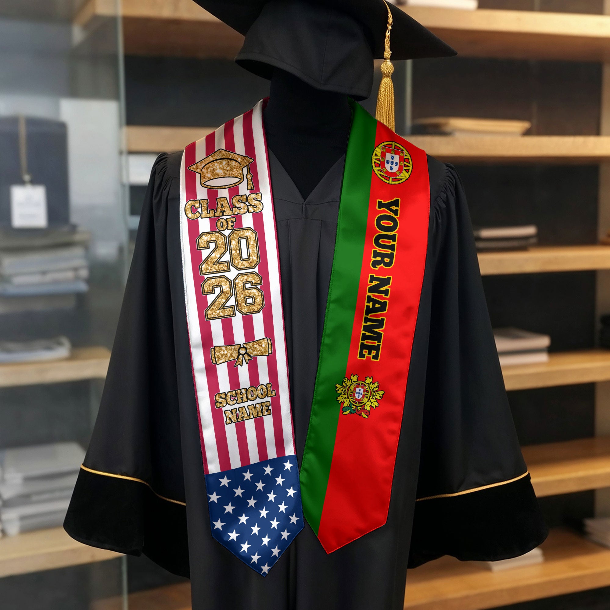Customized Portugal Graduation Stole Featuring Portuguese Flag Accent, Graduation Sash 2026, Class of 2026