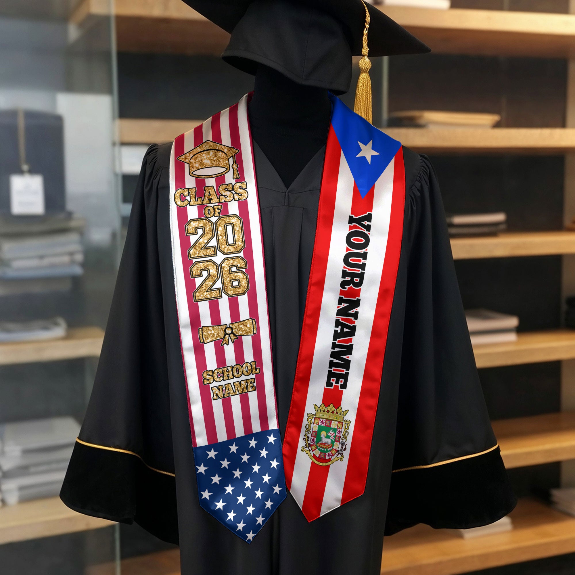 Customized Puerto Rico Graduation Stole with Island Flag Highlight, Graduation Sash 2026, Class of 2026