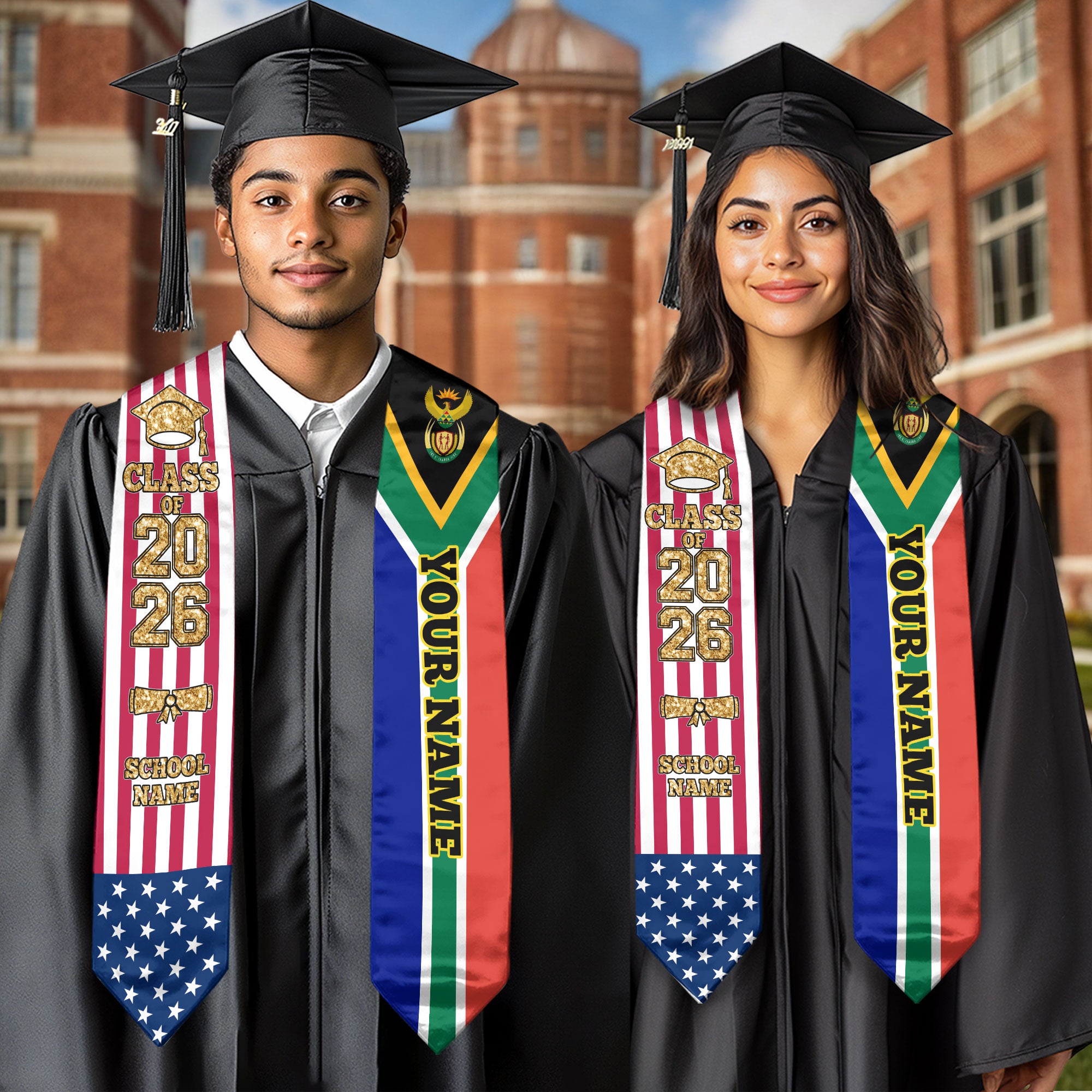 Customized South Africa Graduation Stole with National Flag Accent, Graduation Sash 2026, Class of 2026
