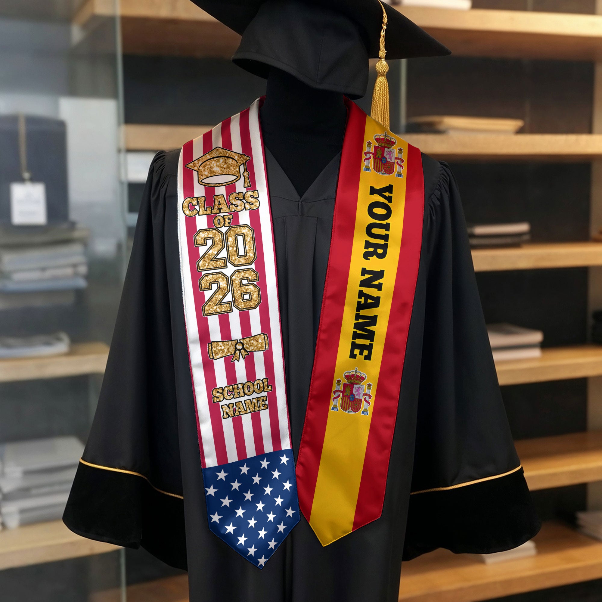 Customized Spain Graduation Stole Featuring Spanish Flag Colors, Graduation Sash 2026, Class of 2026