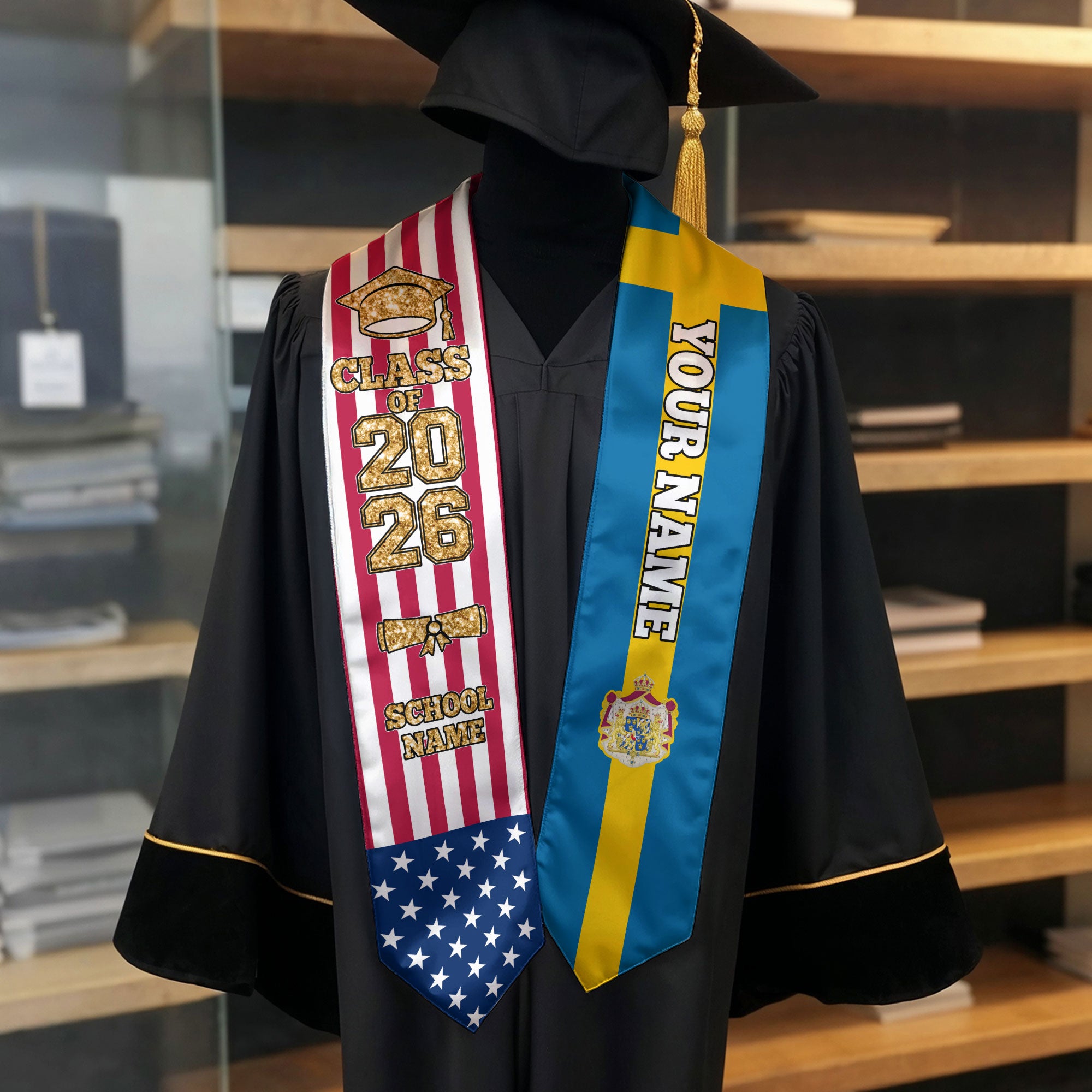 Customized Sweden Graduation Stole with Swedish Flag Feature, Graduation Sash 2026, Class of 2026