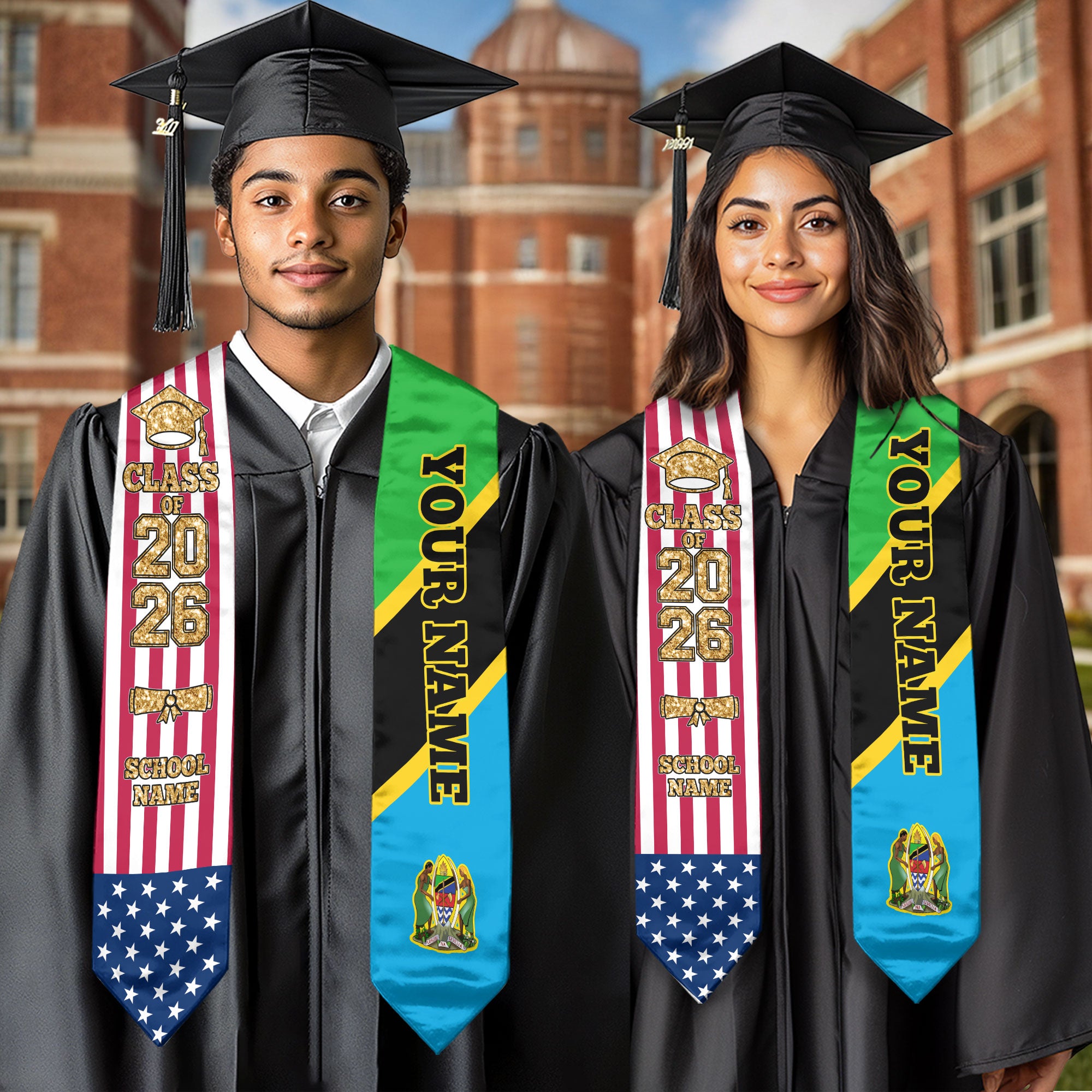 Customized Tanzania Graduation Stole Featuring National Flag Accent, Graduation Sash 2026, Class of 2026