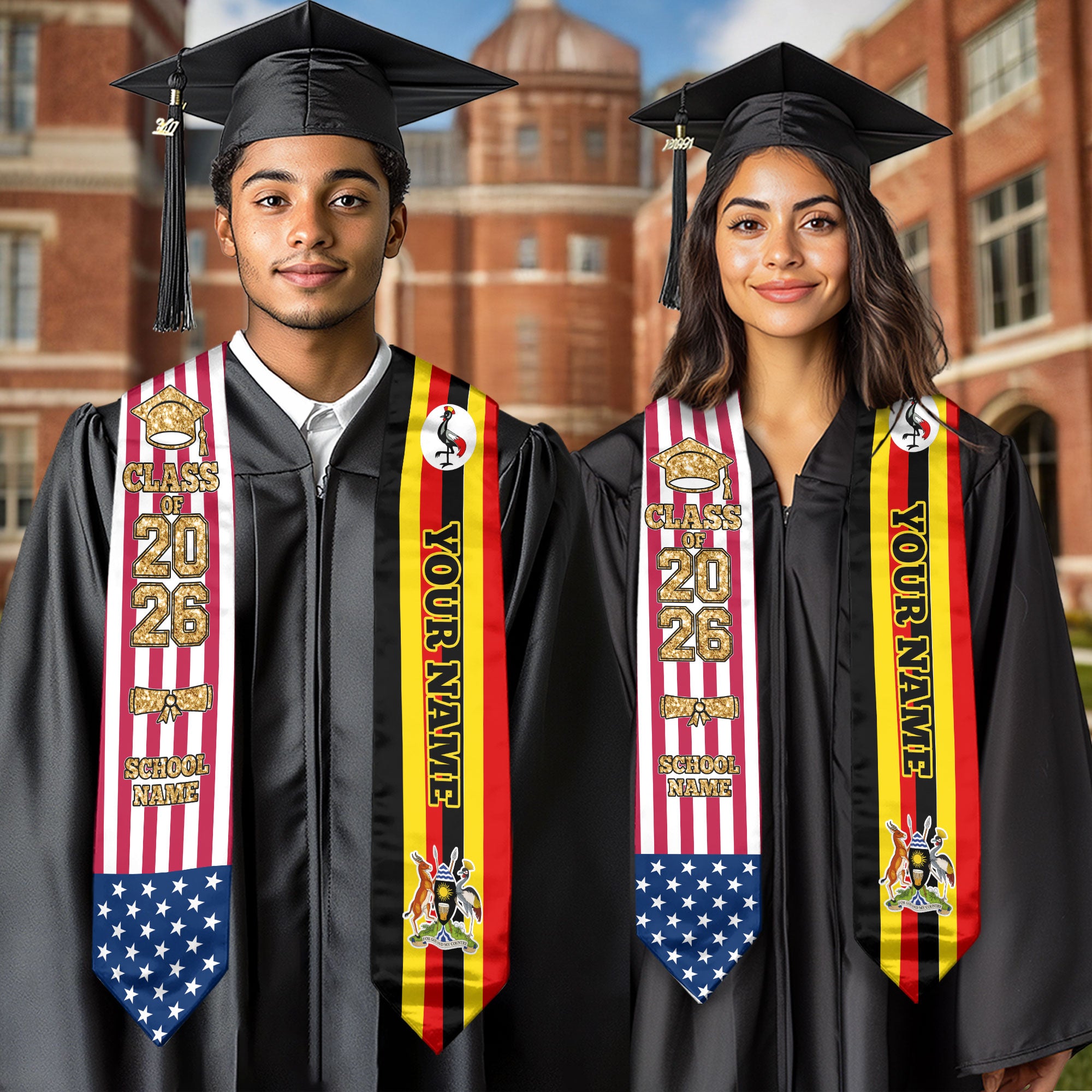 Customized Uganda Graduation Stole with Ugandan Flag Detail, Graduation Sash 2026, Class of 2026