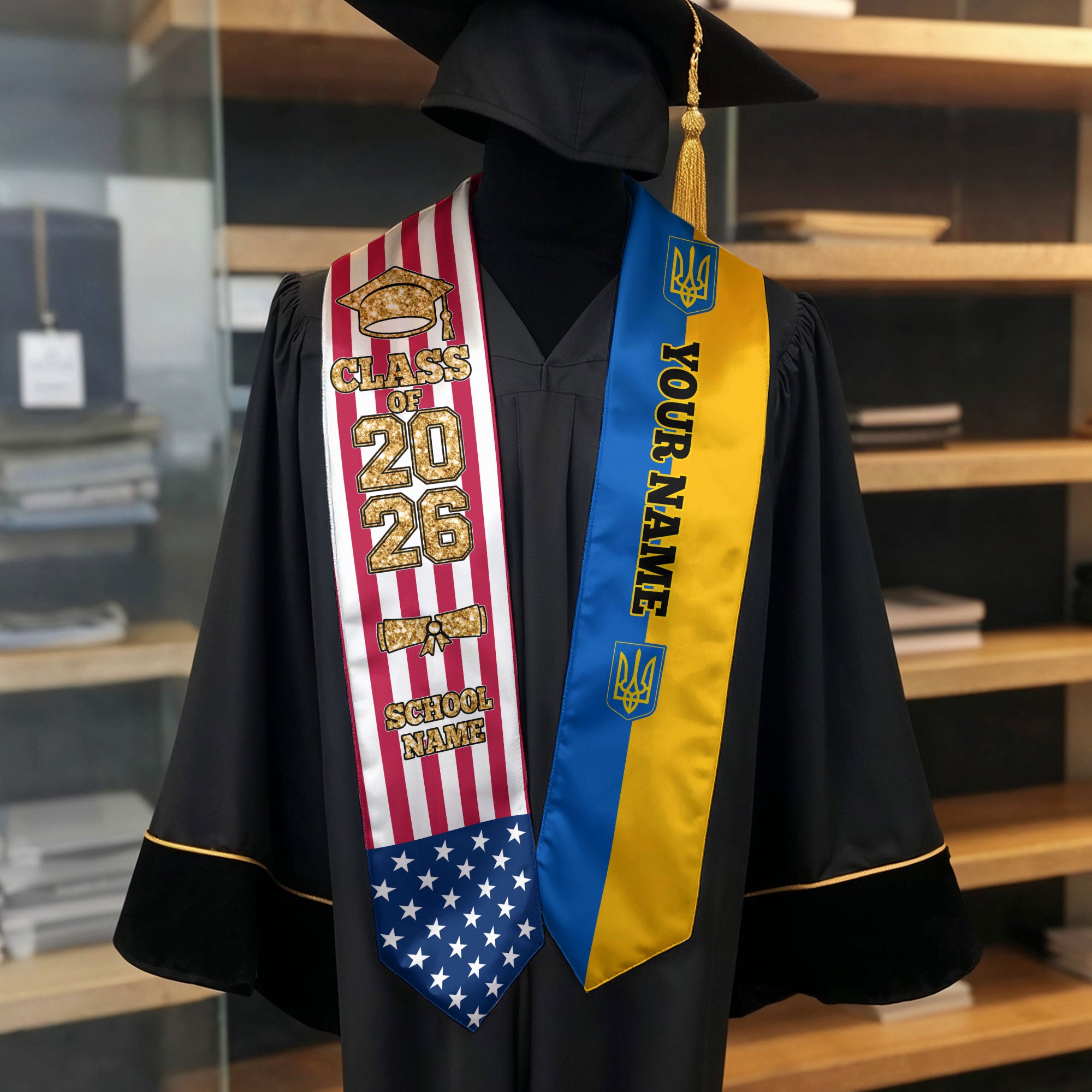 Customized Ukraine Graduation Stole Featuring Ukrainian Flag Colors, Graduation Sash 2026, Class of 2026