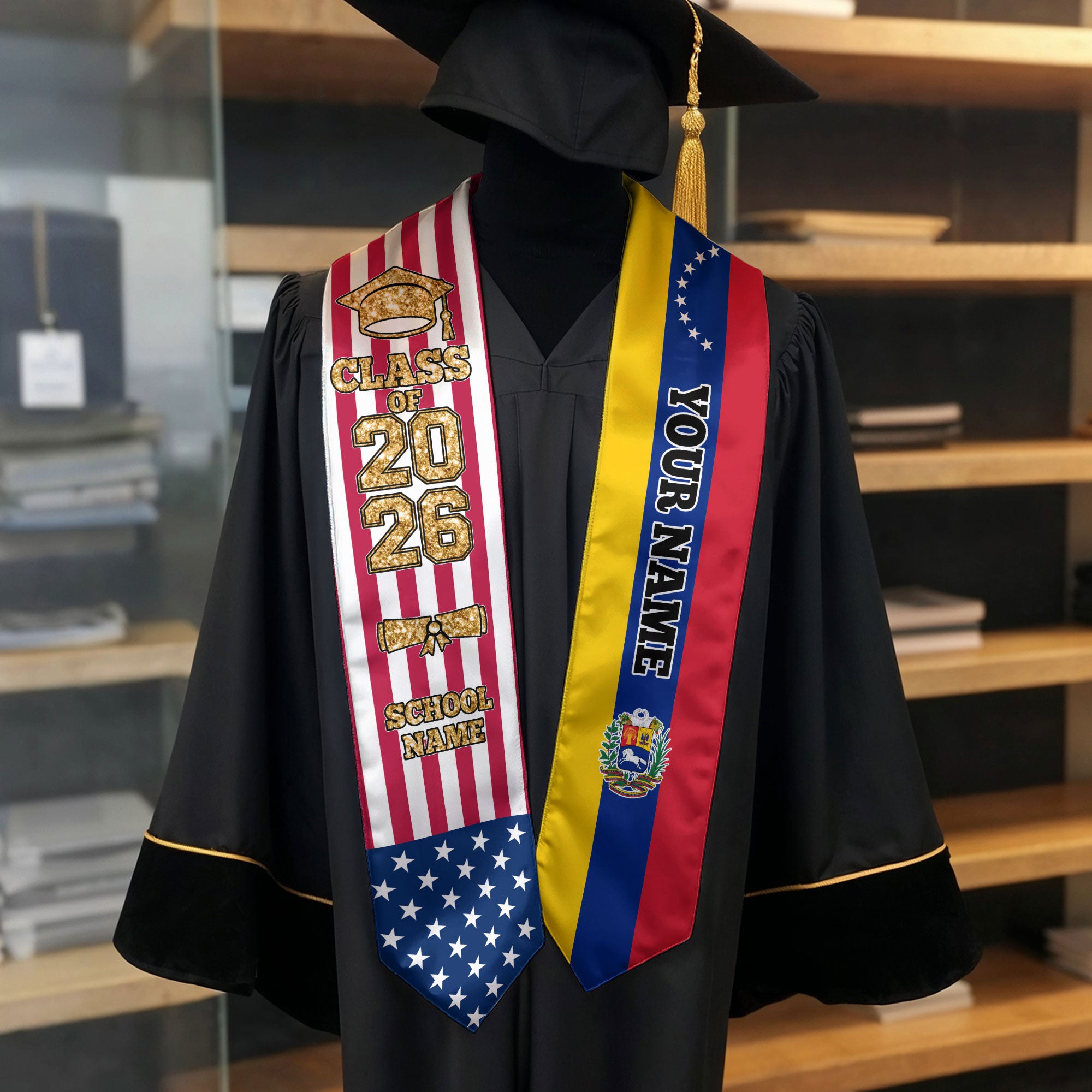 Customized Venezuela Graduation Stole with Venezuelan Flag Accent, Graduation Sash 2026, Class of 2026