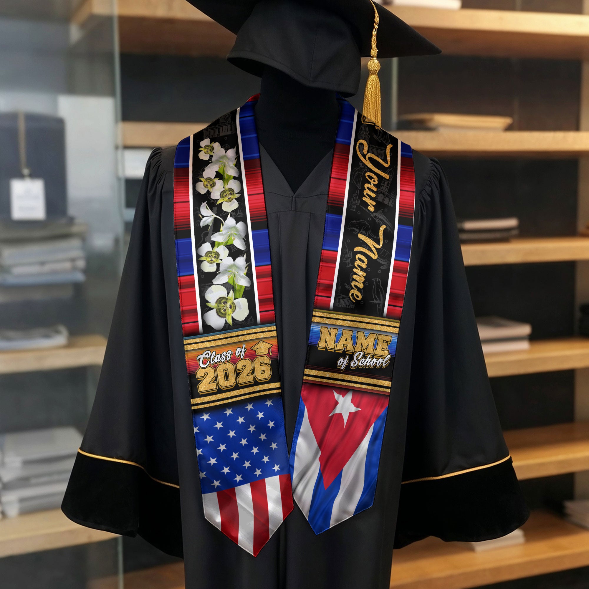 Cuba Graduation Stole 2026, Cuban Flag Graduation Sash, Graduation Stole with Custom Accent