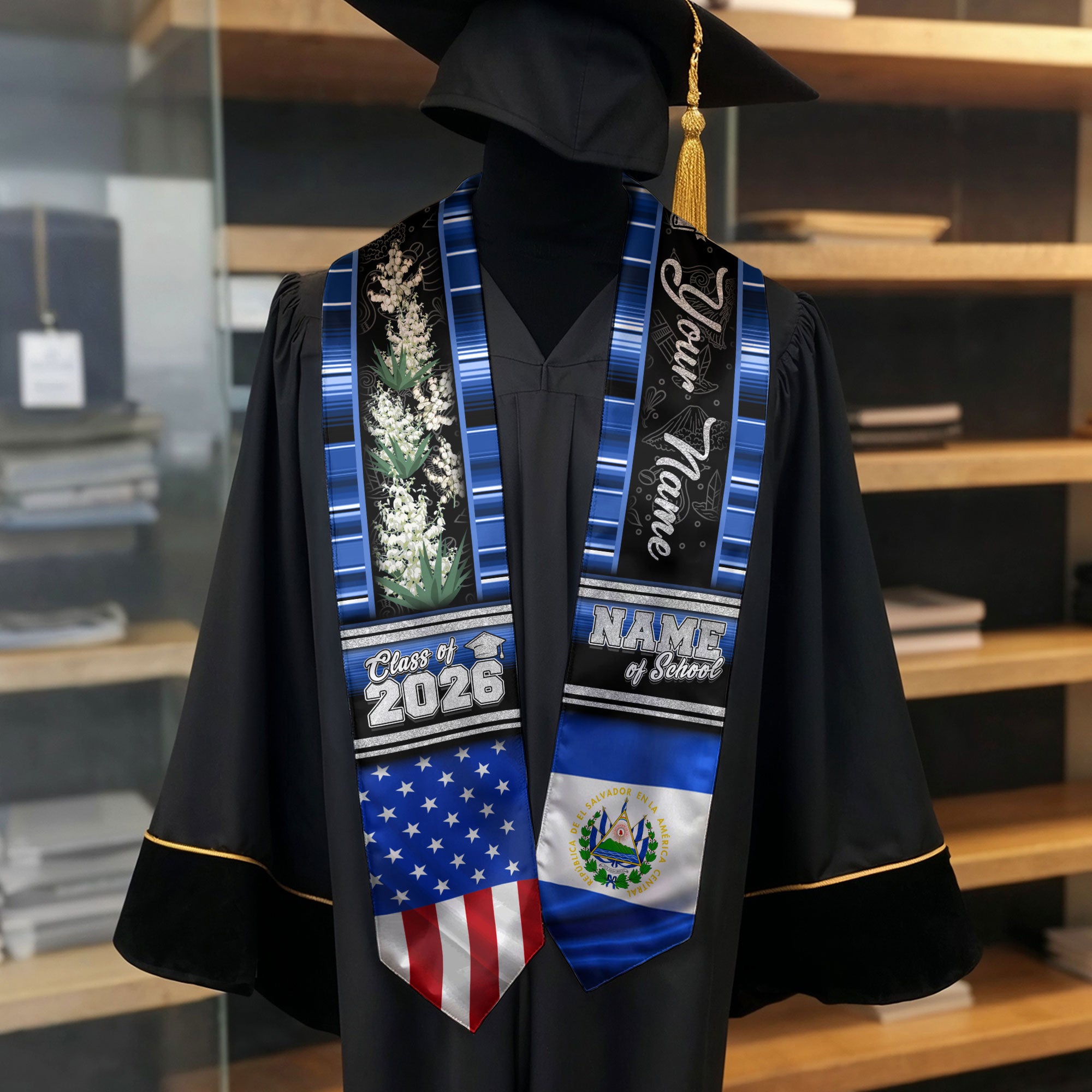 El Salvador Graduation Stole 2026, Salvadoran Flag Sash, Graduation Stole with Custom Accent