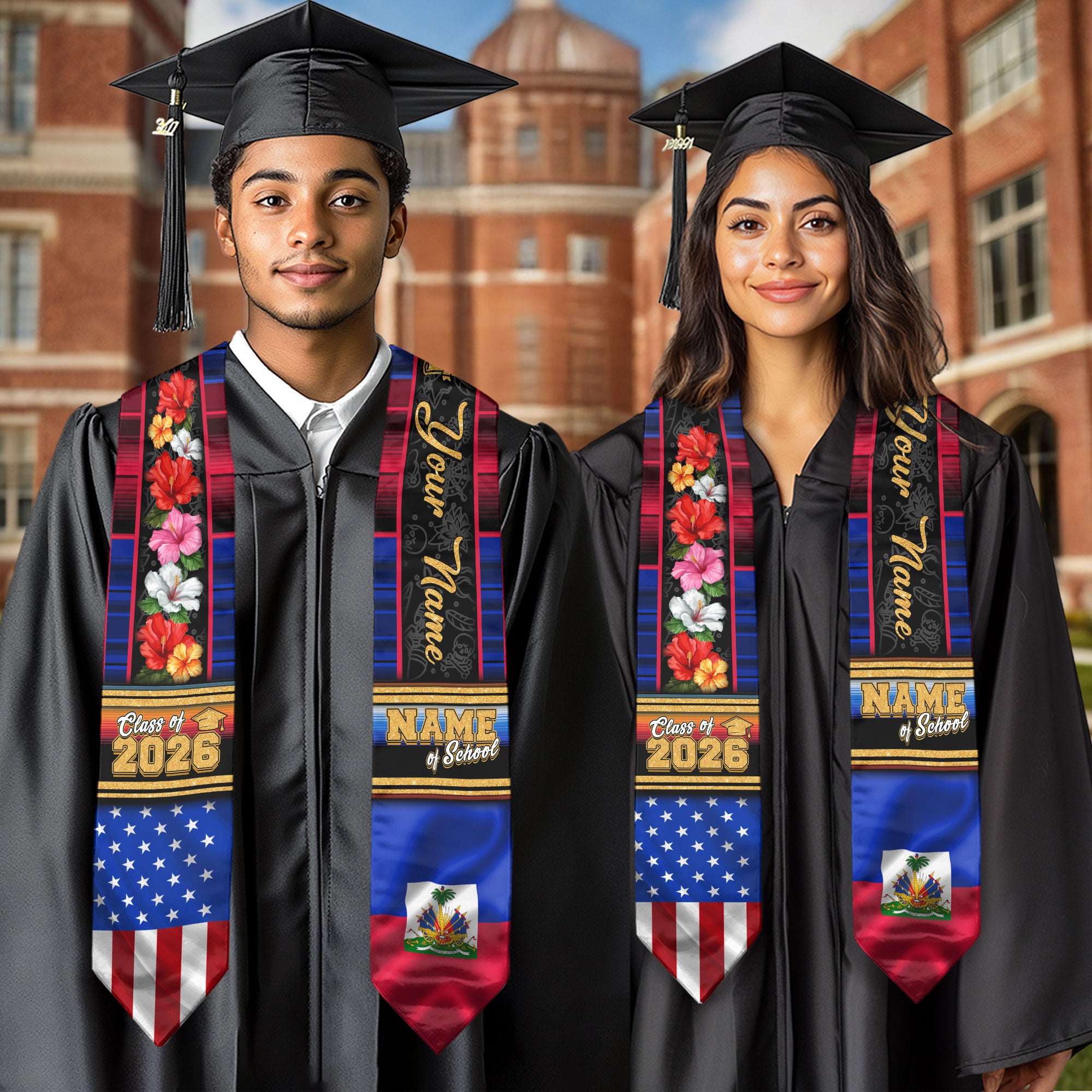 Haiti Graduation Stole 2026, Haitian Flag Sash, Graduation Stole with Custom Accent