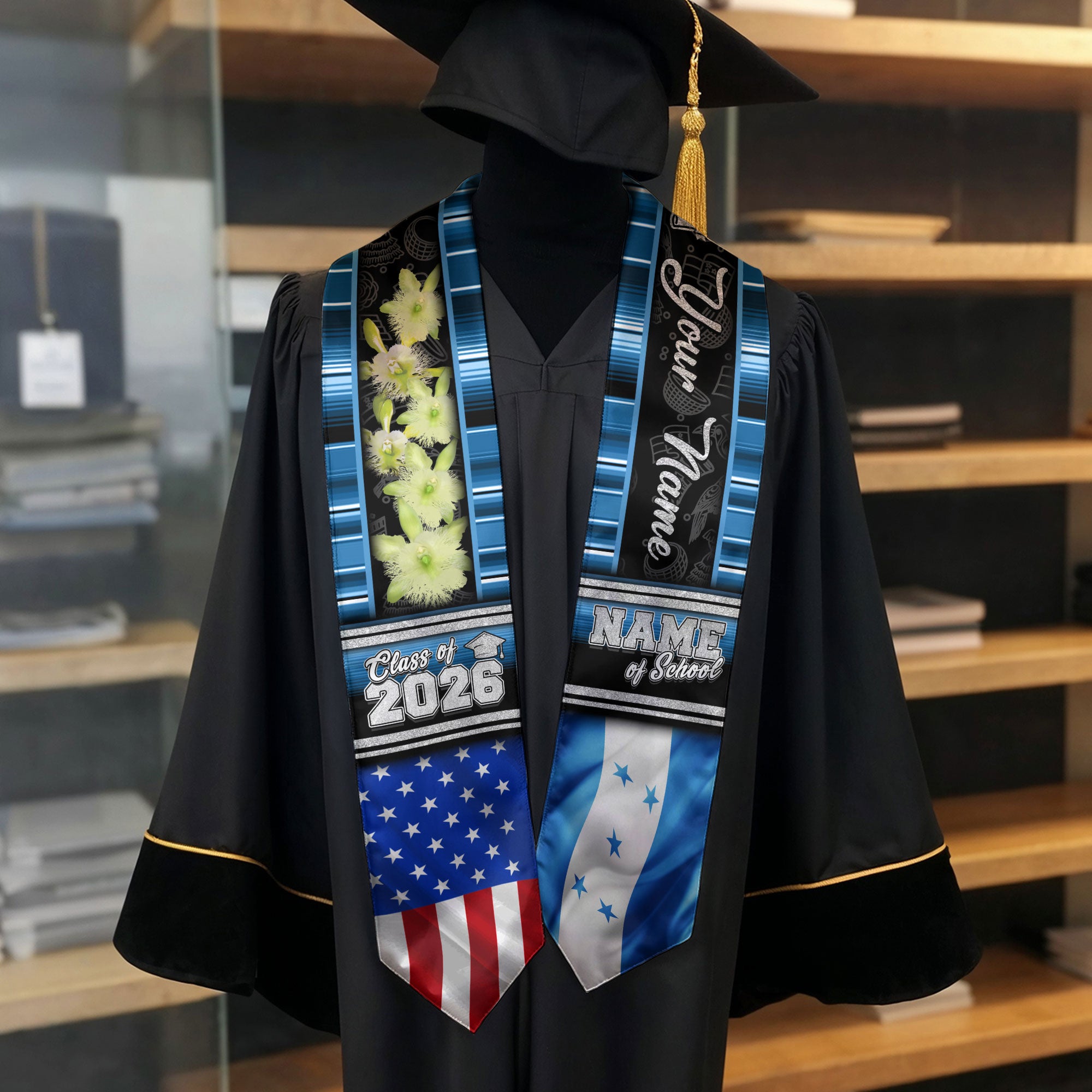Honduras Graduation Stole 2026, Honduran Flag Sash, Graduation Stole with Custom Accent