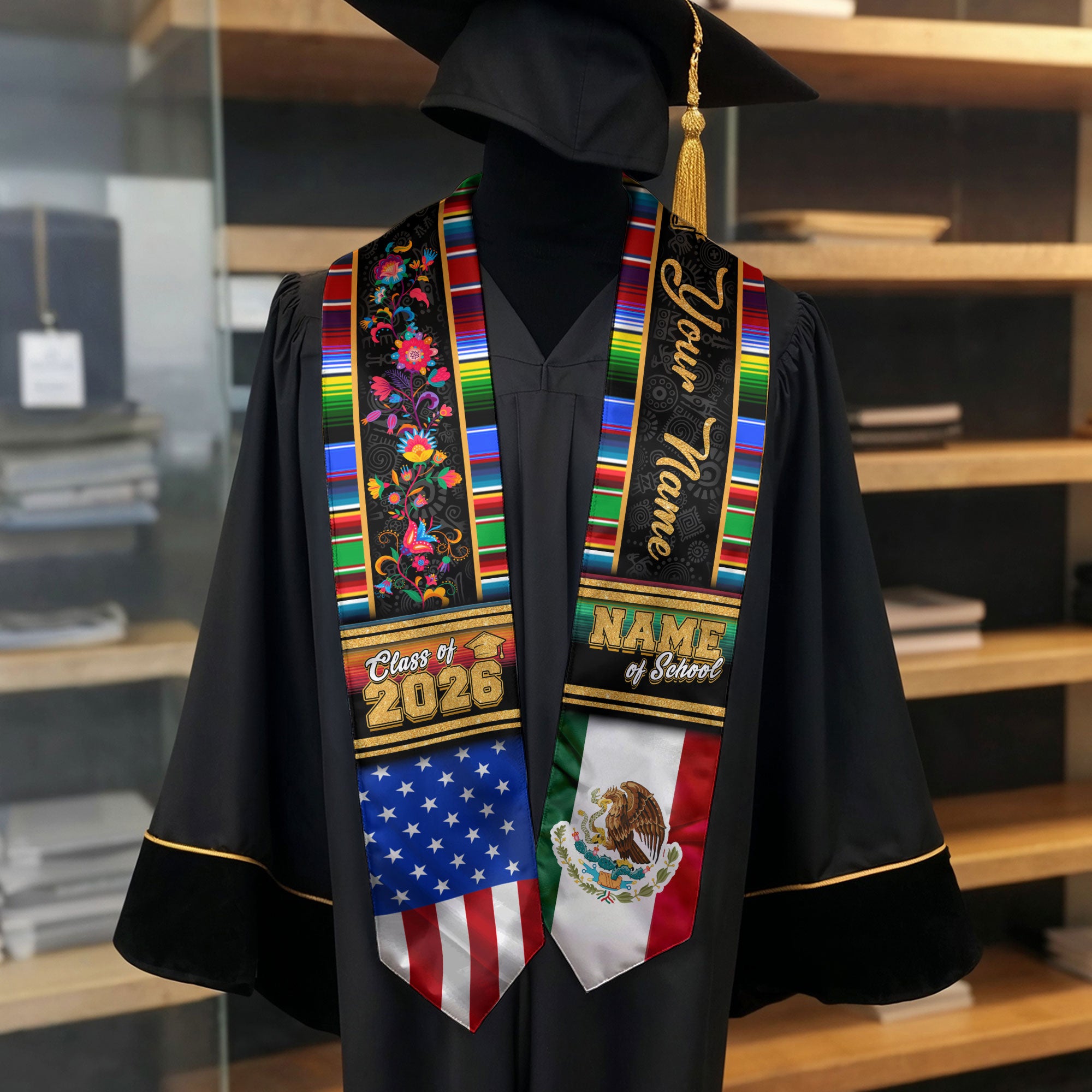 Mexico Graduation Stole 2026, Mexican Flag Sash, Graduation Stole with Custom Accent, Mexico Custom