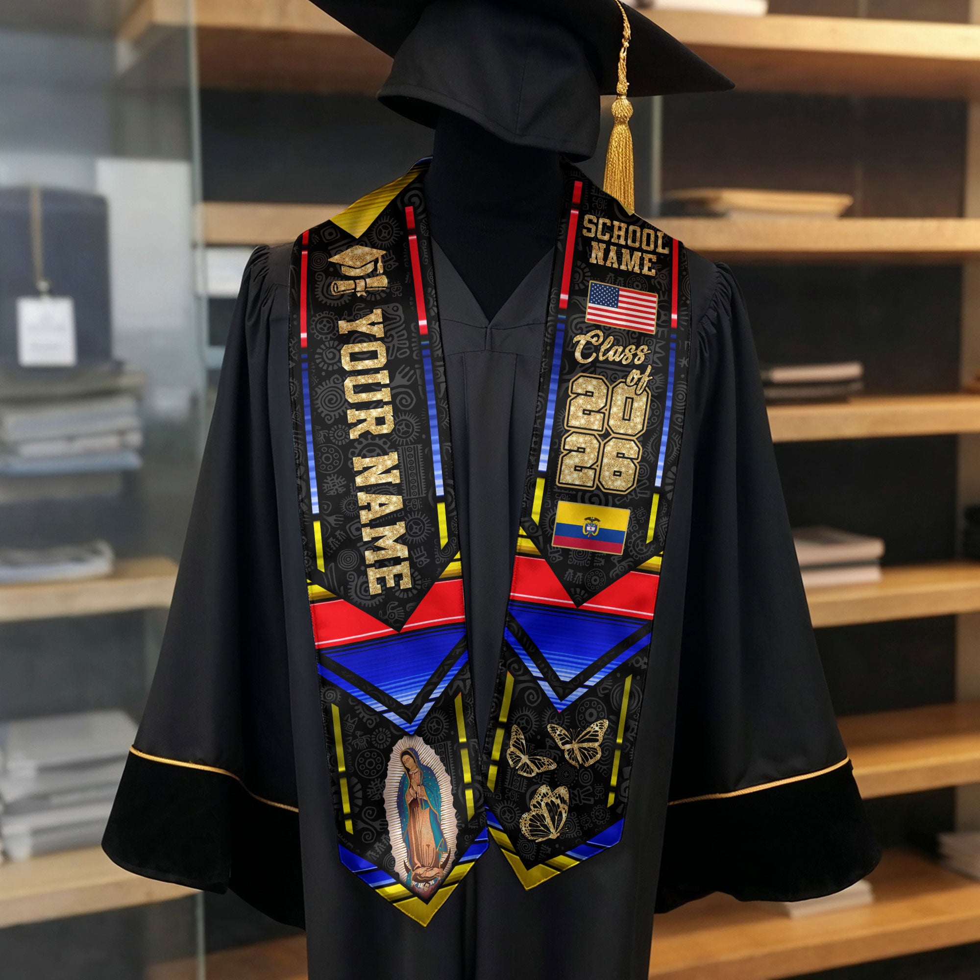 Colombian Flag Graduation Sash 2026, Colombia Graduation Stole, Customizable Detail Stole