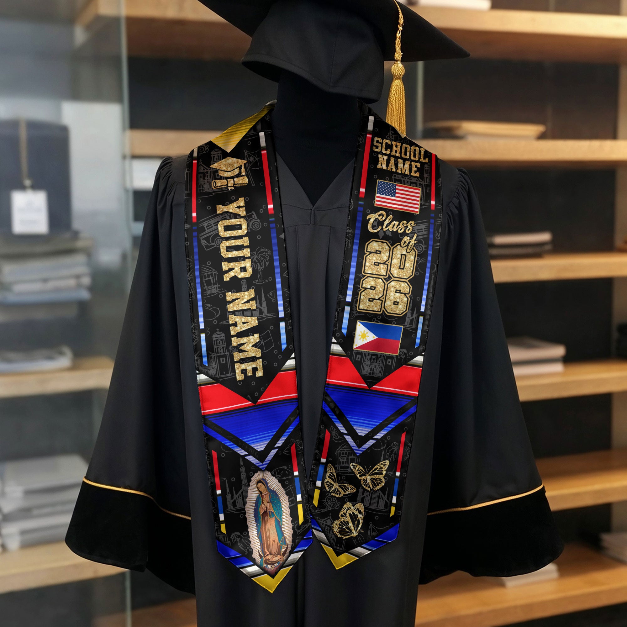 Filipino Flag Graduation Sash 2026, Philippines Graduation Stole, Customizable Detail Stole