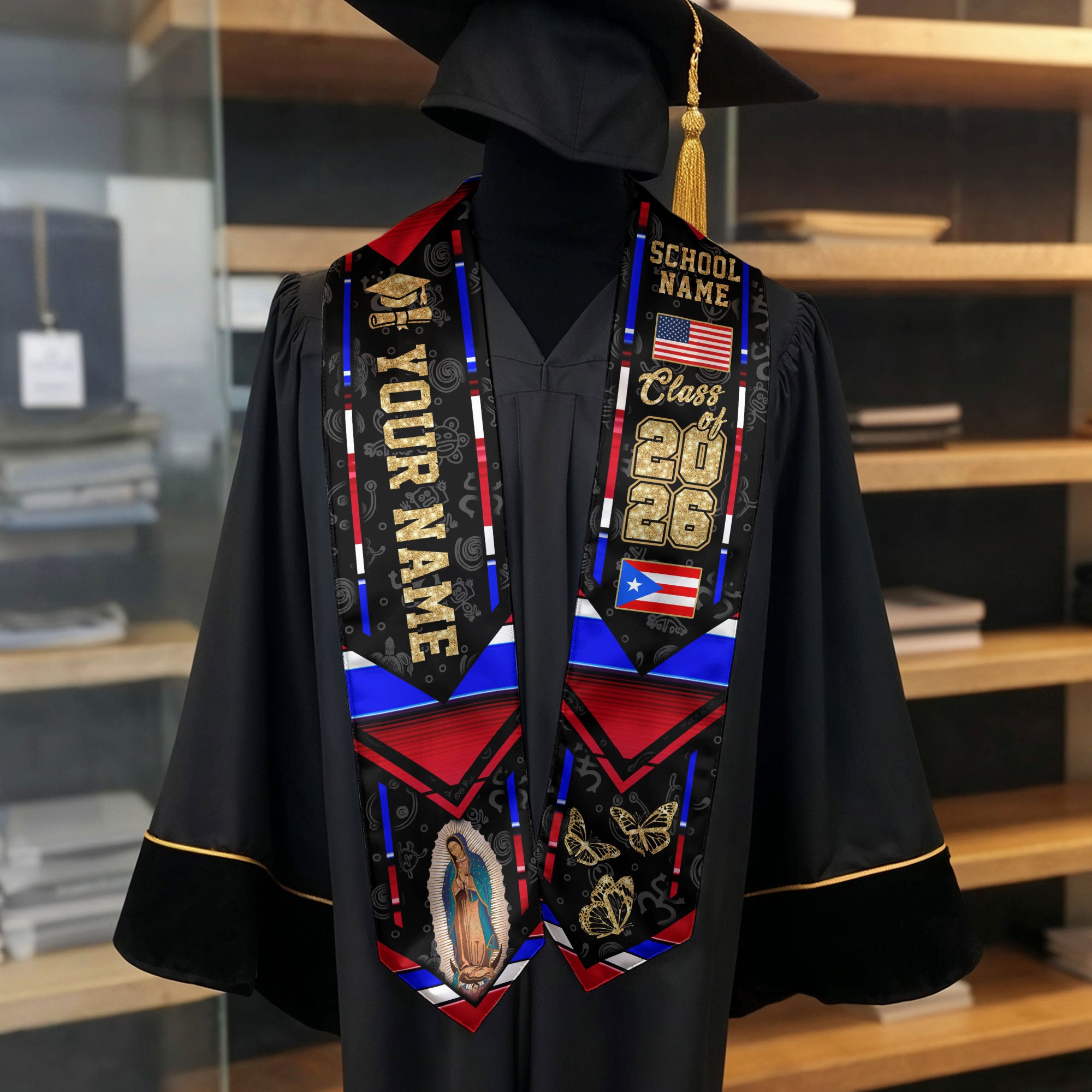 Puerto Rican Flag Graduation Sash 2026, Puerto Rico Graduation Stole, Customizable Detail