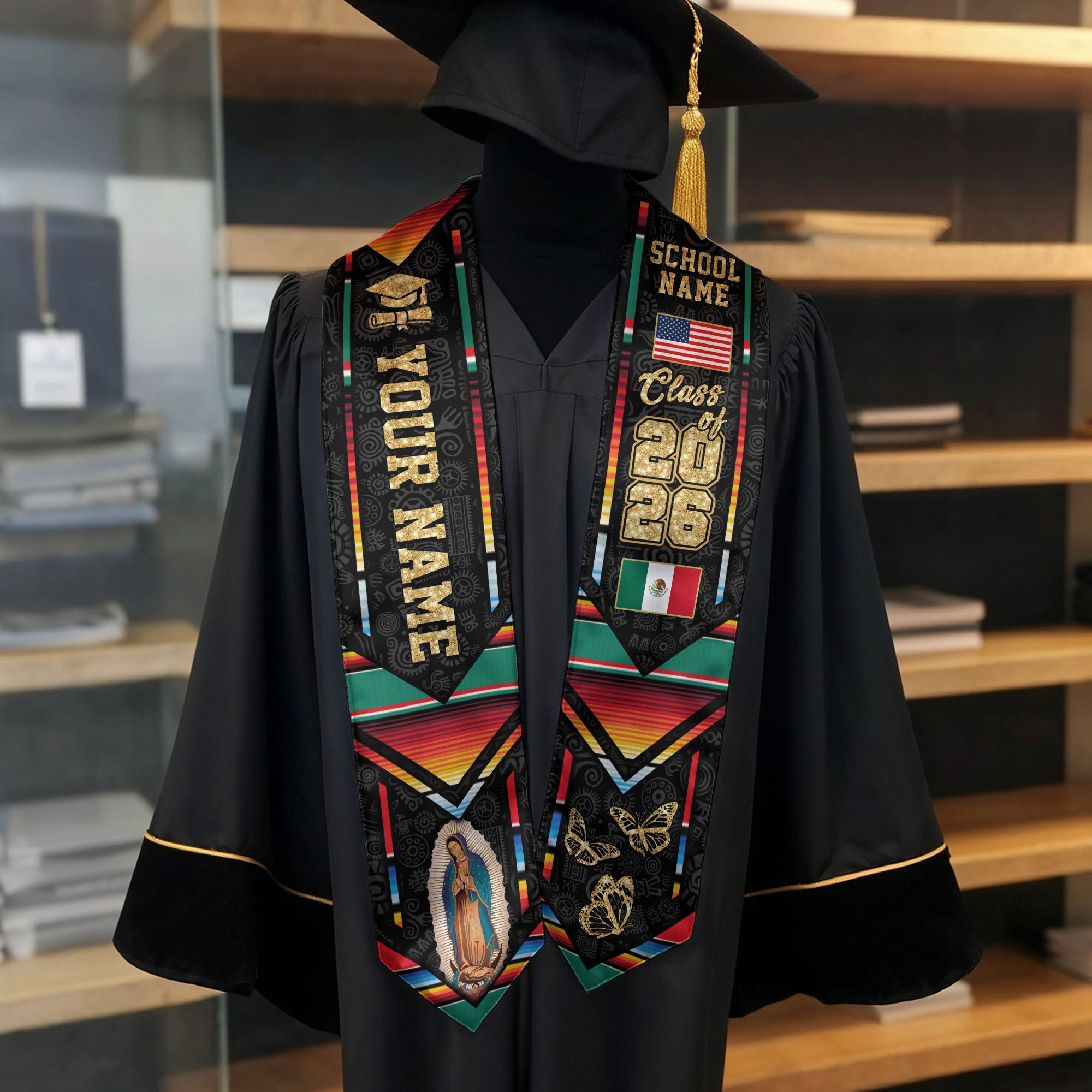 Mexican Flag Graduation Sash 2026, Mexico Graduation Stole, Customizable Detail Stole