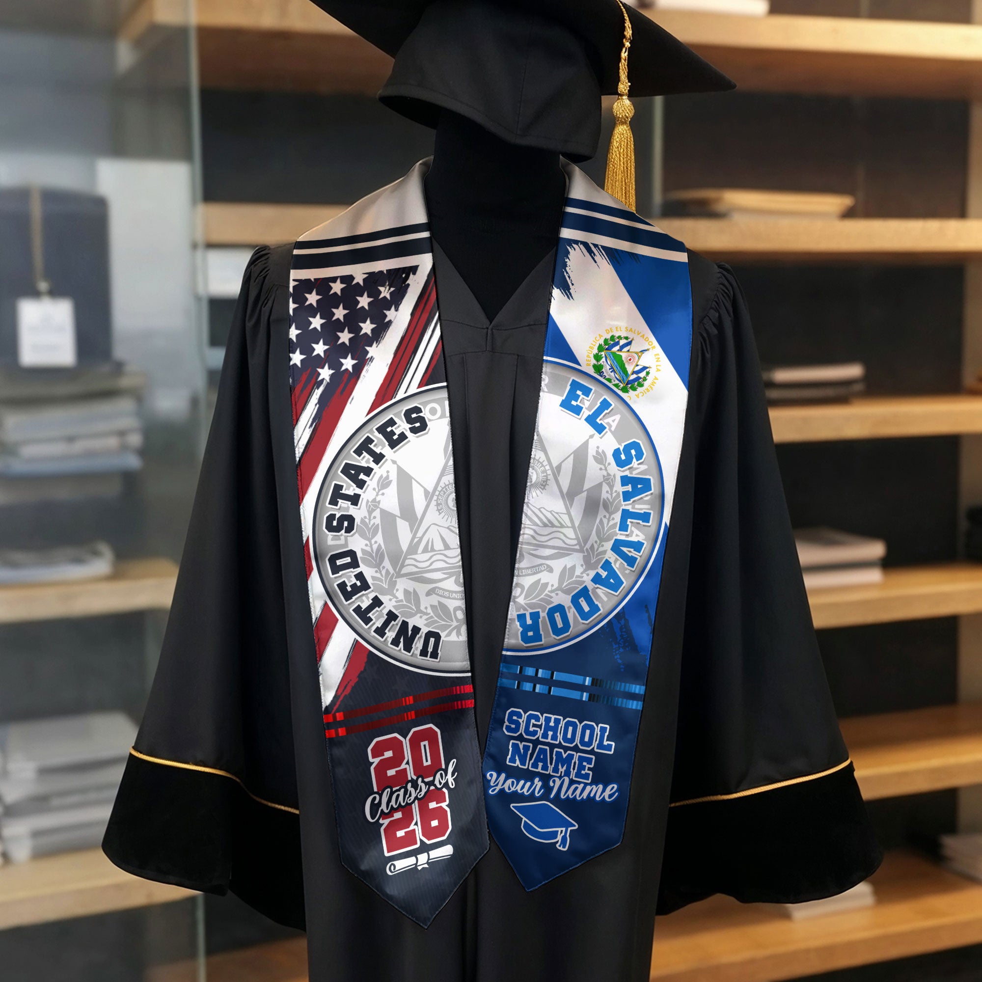 El Salvador Flag Graduation Stole 2026, Salvadoran Grad Sash, Graduation Stole Custom Details