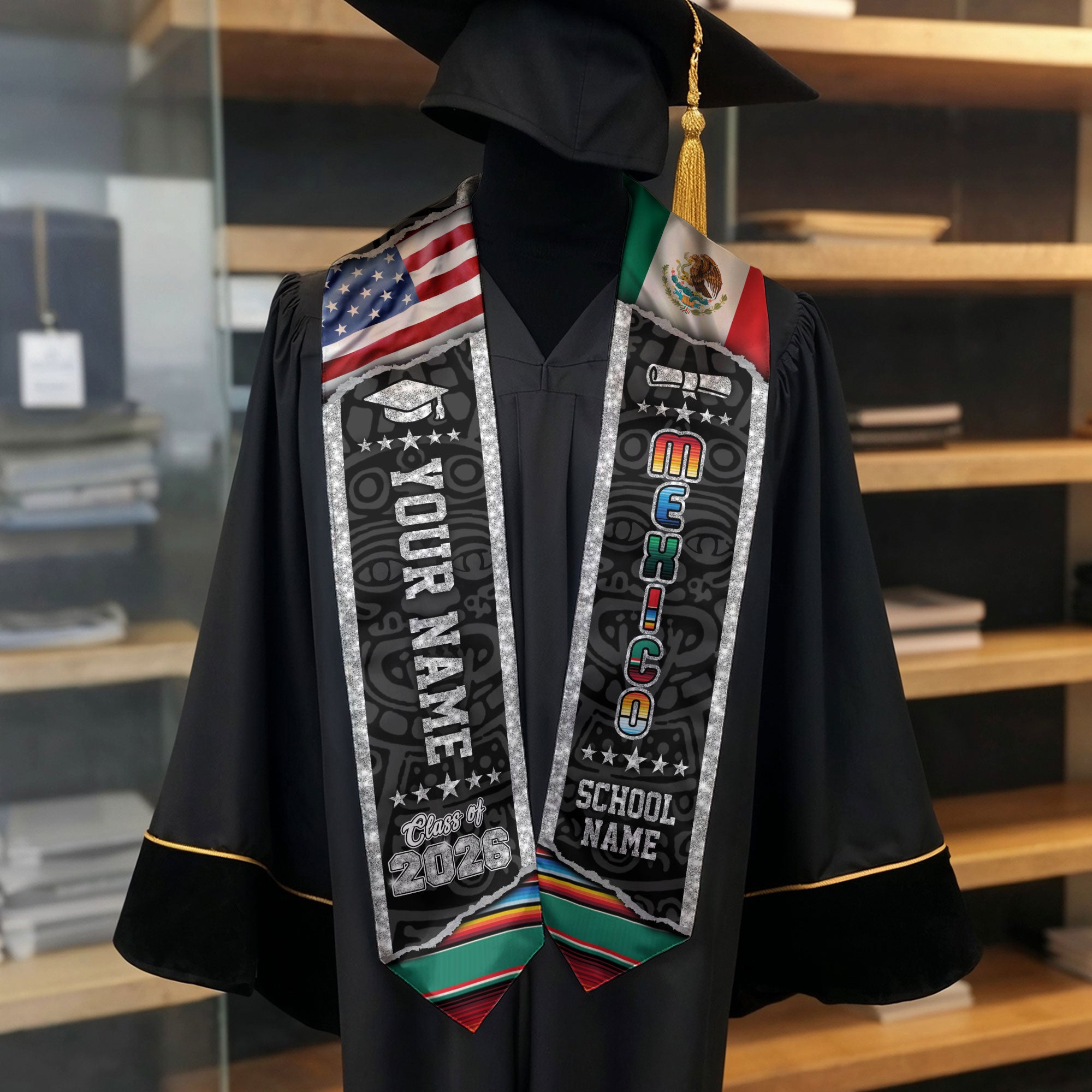Mexico Flag Graduation Stole 2026, Mexican Grad Sash, Graduation Stole with Custom Details